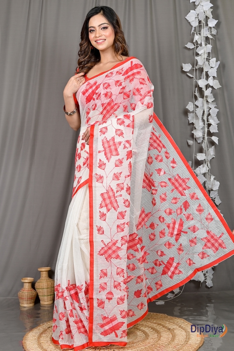 White Red Cotton Variti Aplic Applique Saree (610)