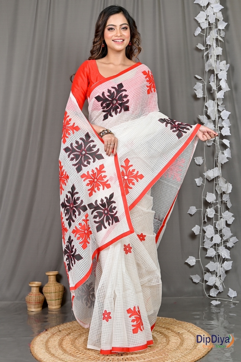 White Red Cotton Variti Aplic Applique Saree (611)