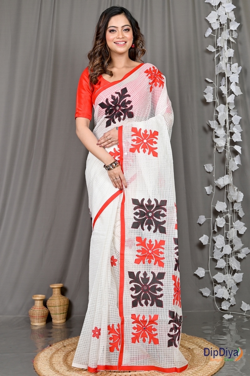 White Red Cotton Variti Aplic Applique Saree (611)
