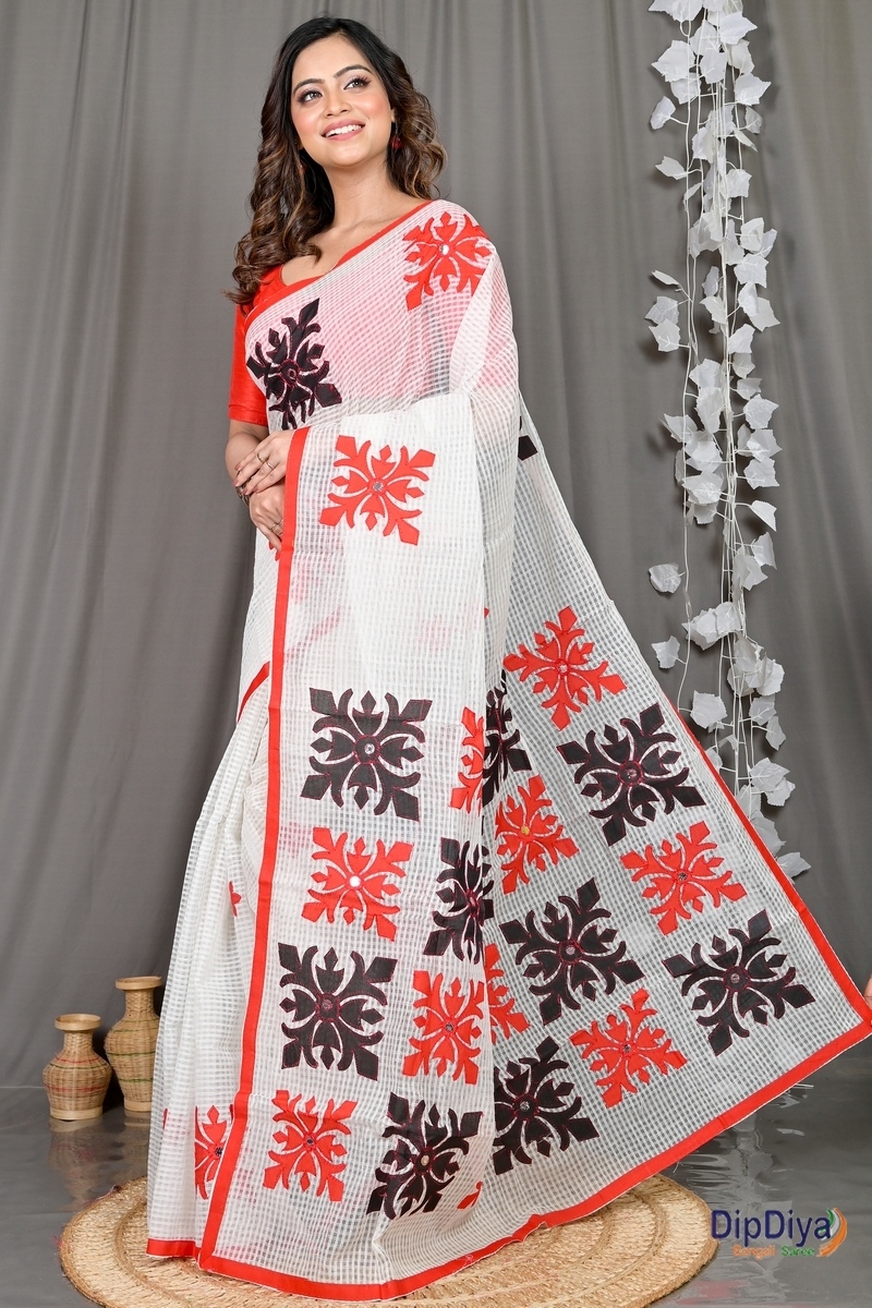 White Red Cotton Variti Aplic Applique Saree (611)