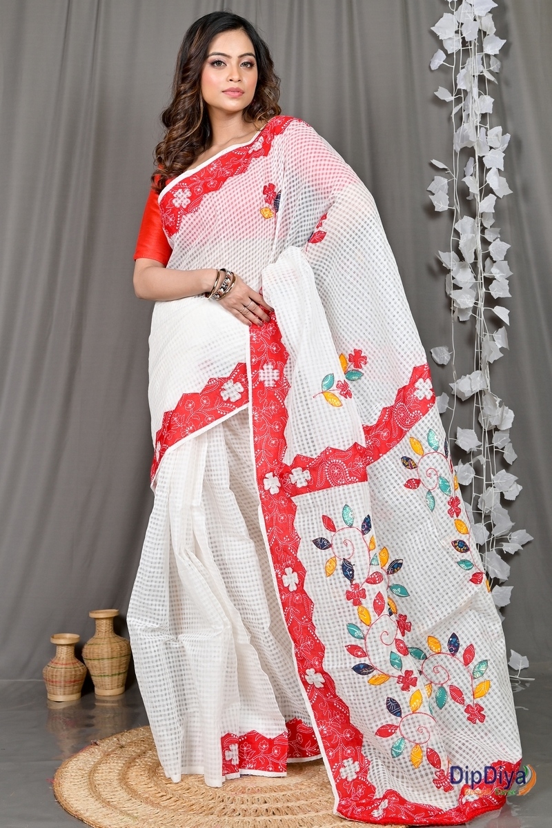 White Red Cotton Variti Aplic Applique Saree (612)