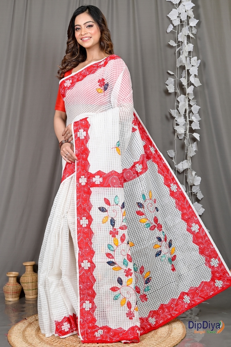 White Red Cotton Variti Aplic Applique Saree (612)