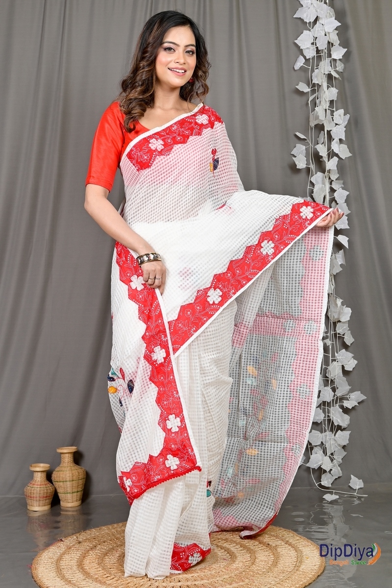 White Red Cotton Variti Aplic Applique Saree (612)