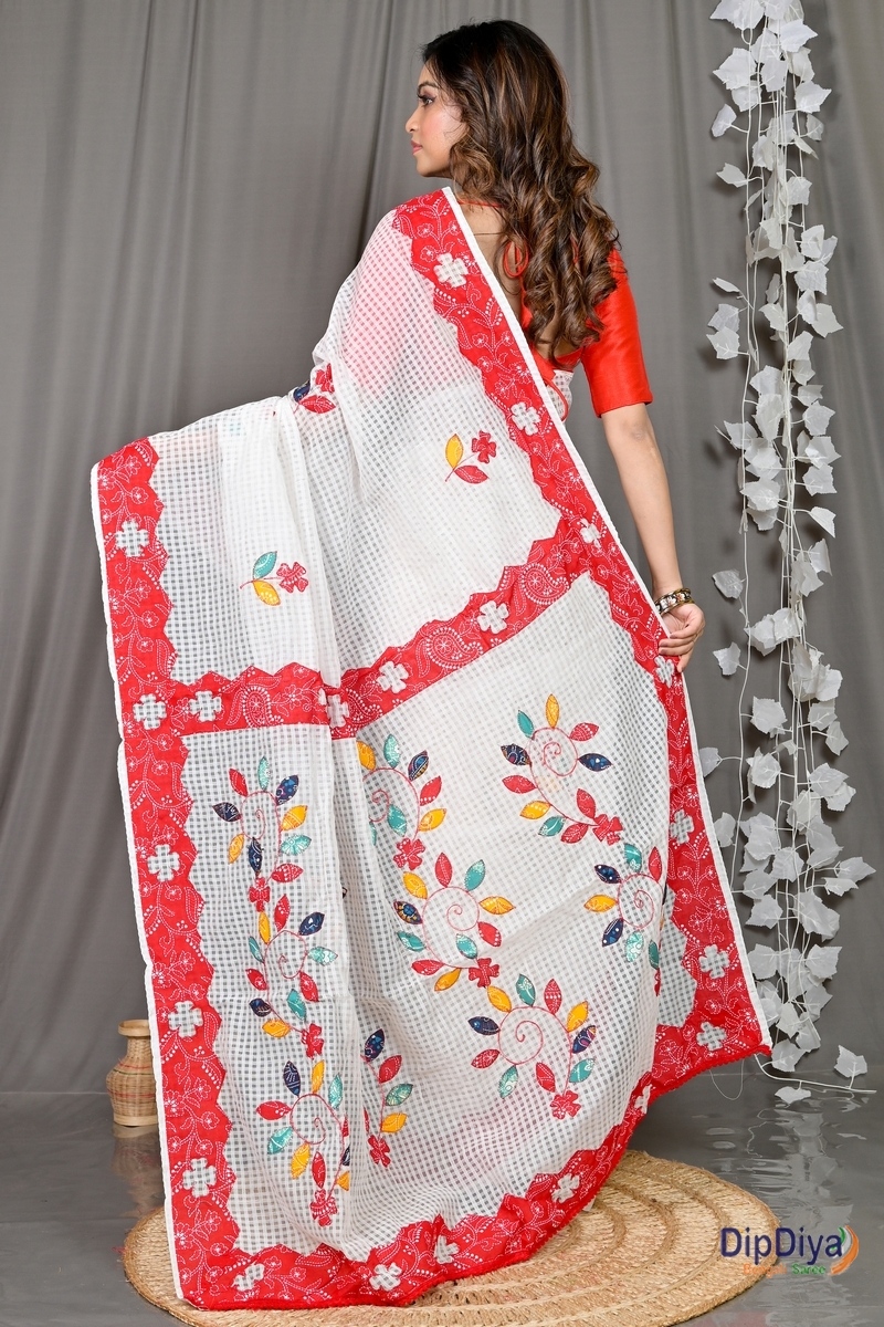 White Red Cotton Variti Aplic Applique Saree (612)