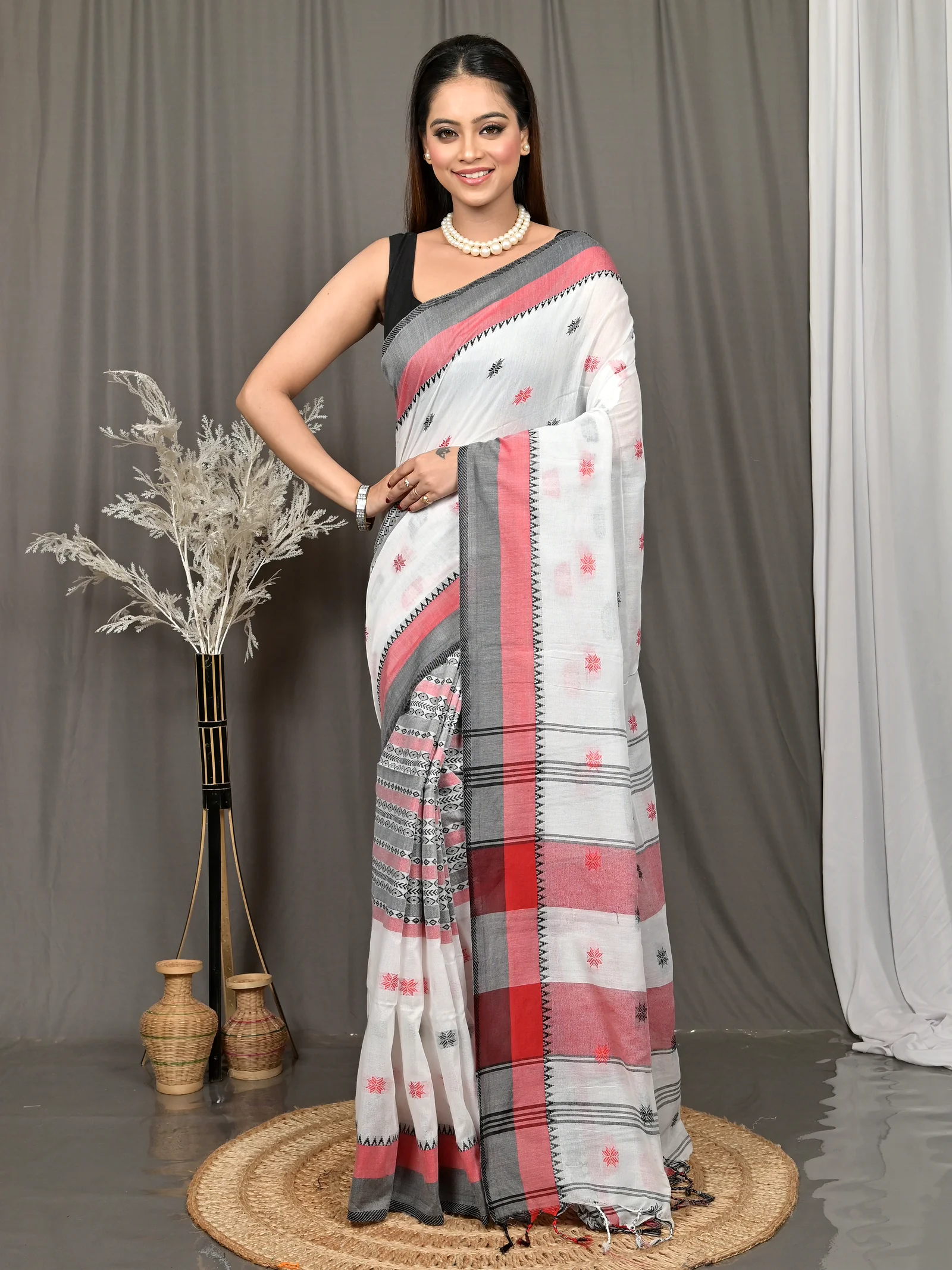 White Red Pure Cotton Borma Handloom Saree  (613)