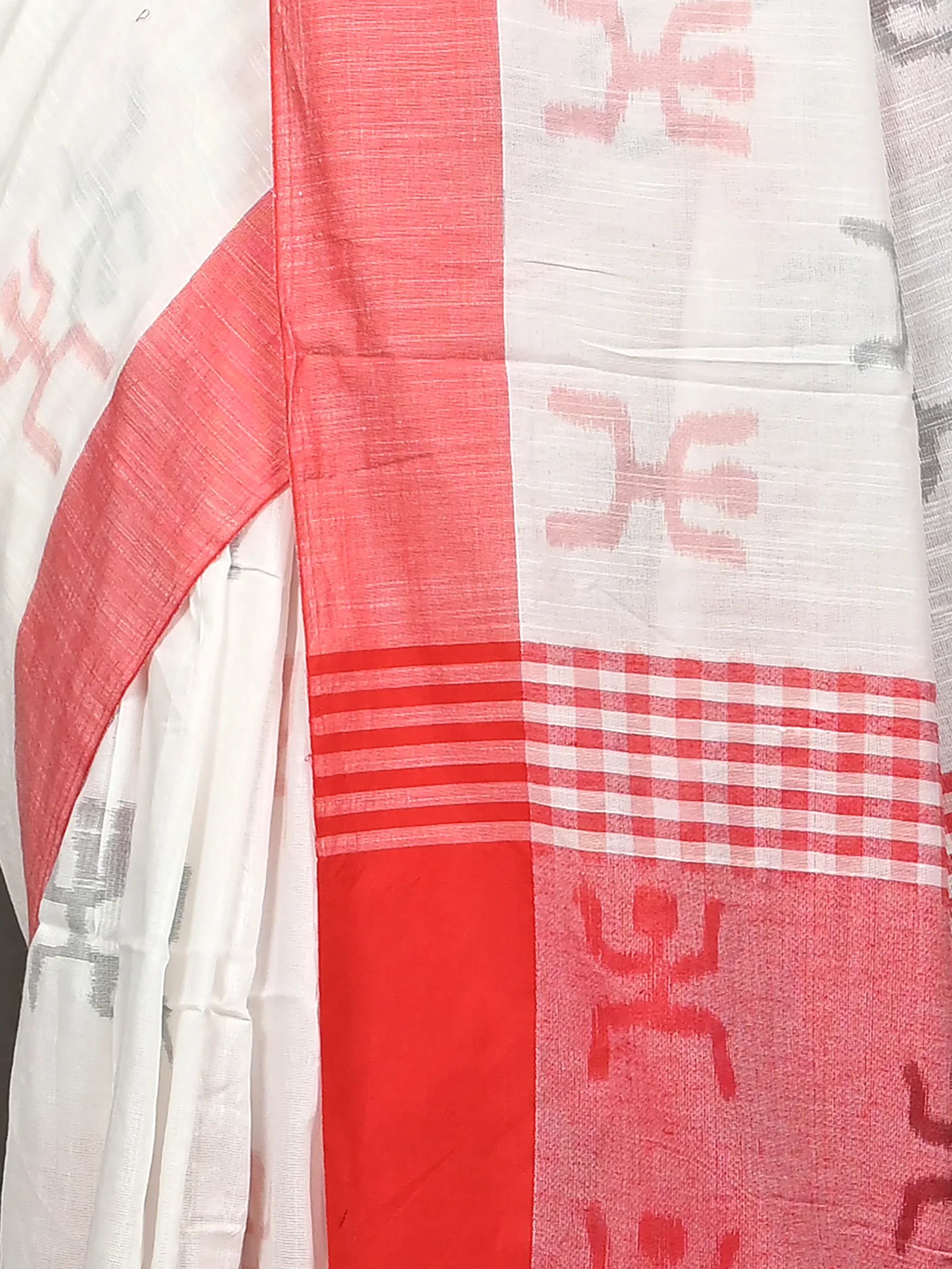 White Red Pure Cotton Borma Handloom Saree  (614)