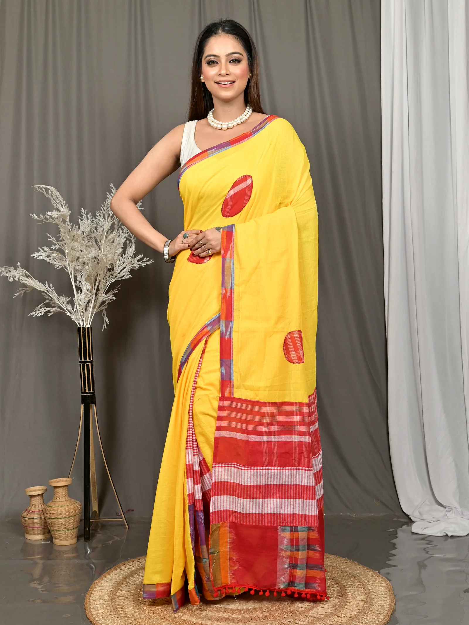 Yellow Red Blended Cotton Aplika Applique Saree  (619)