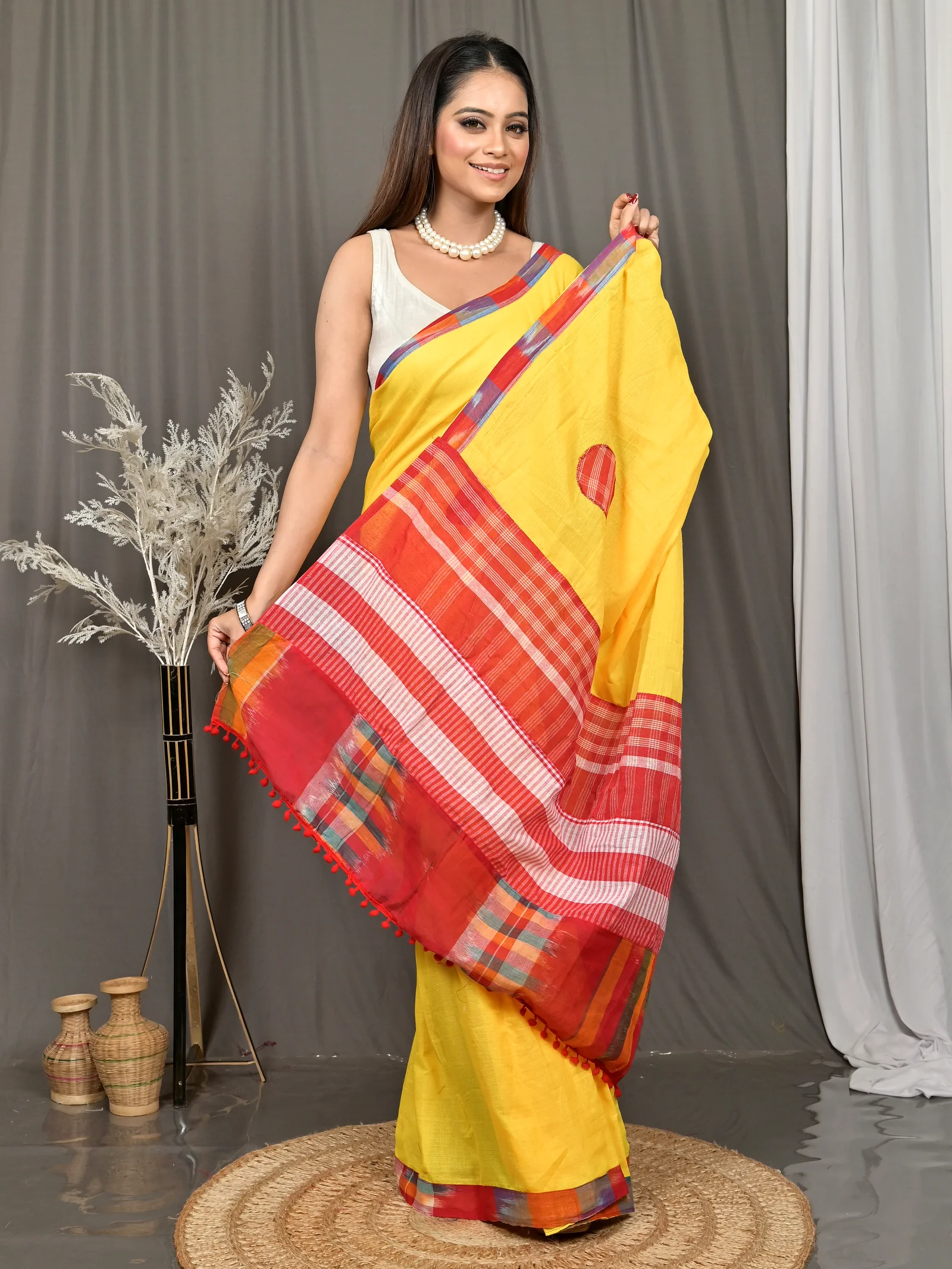 Yellow Red Blended Cotton Aplika Applique Saree  (619)