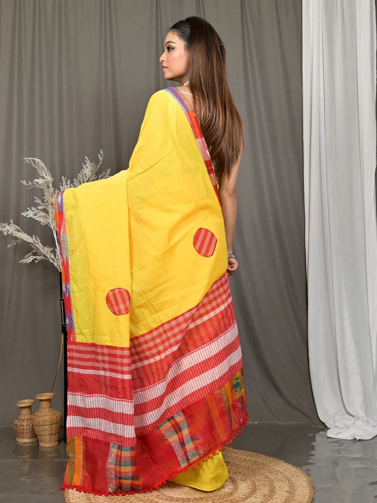 Yellow Red Blended Cotton Aplika Applique Saree  (619)