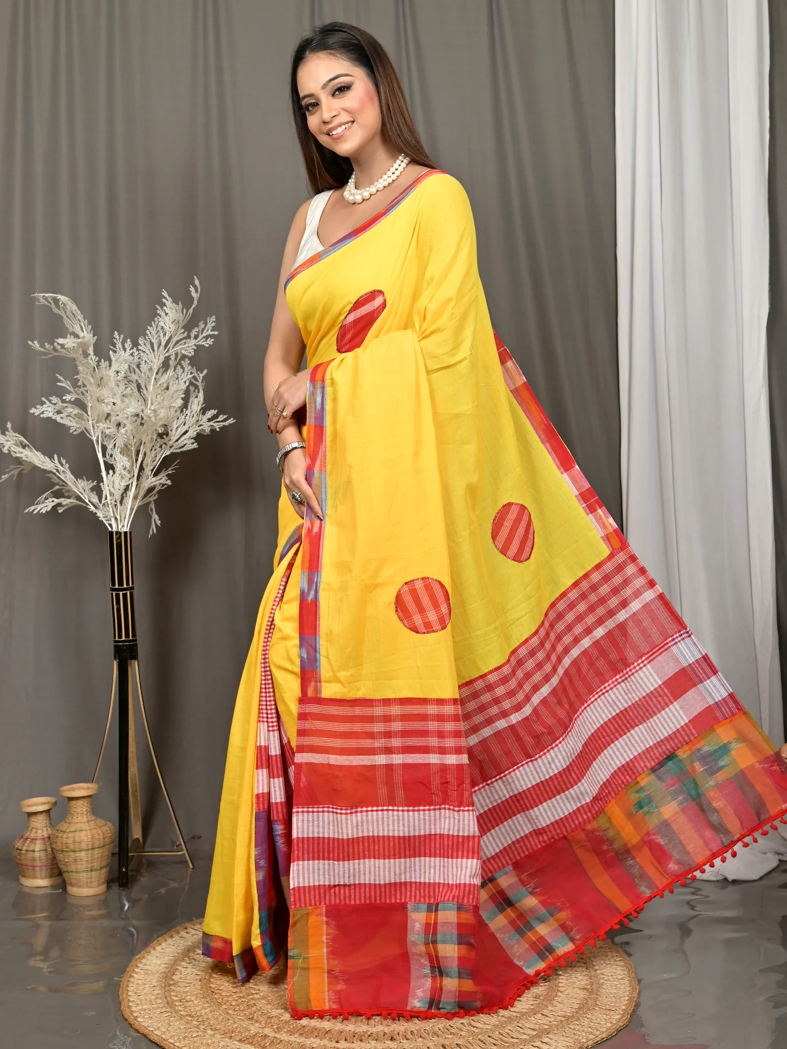 Yellow Red Blended Cotton Aplika Applique Saree  (619)
