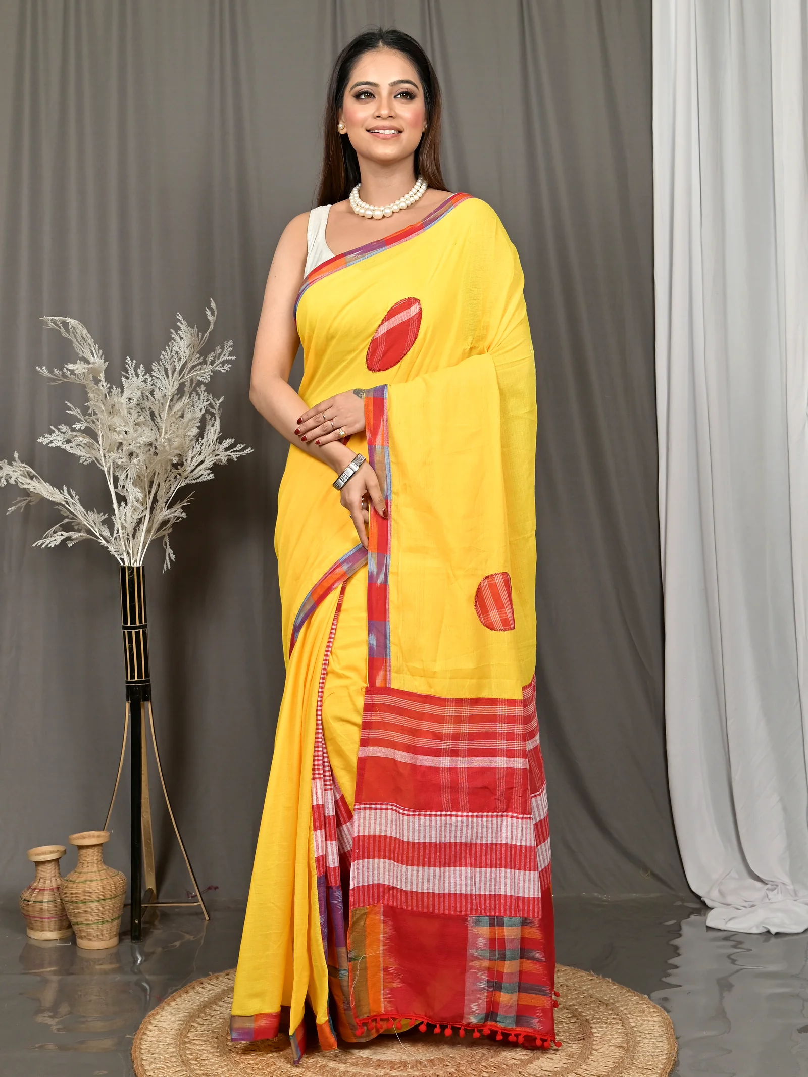 Yellow Red Blended Cotton Aplika Applique Saree  (619)
