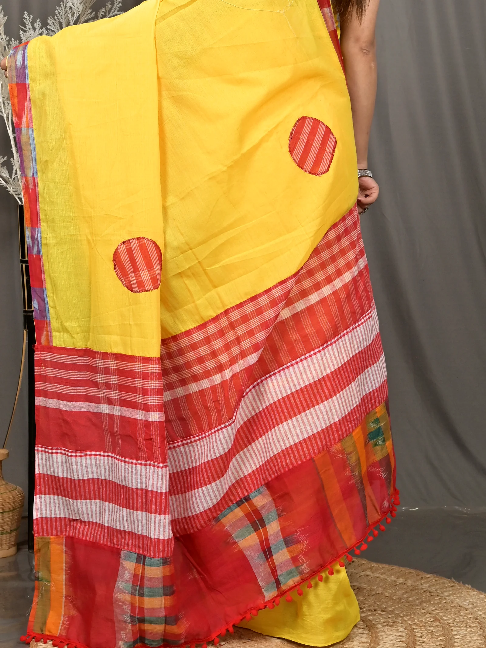 Yellow Red Blended Cotton Aplika Applique Saree  (619)