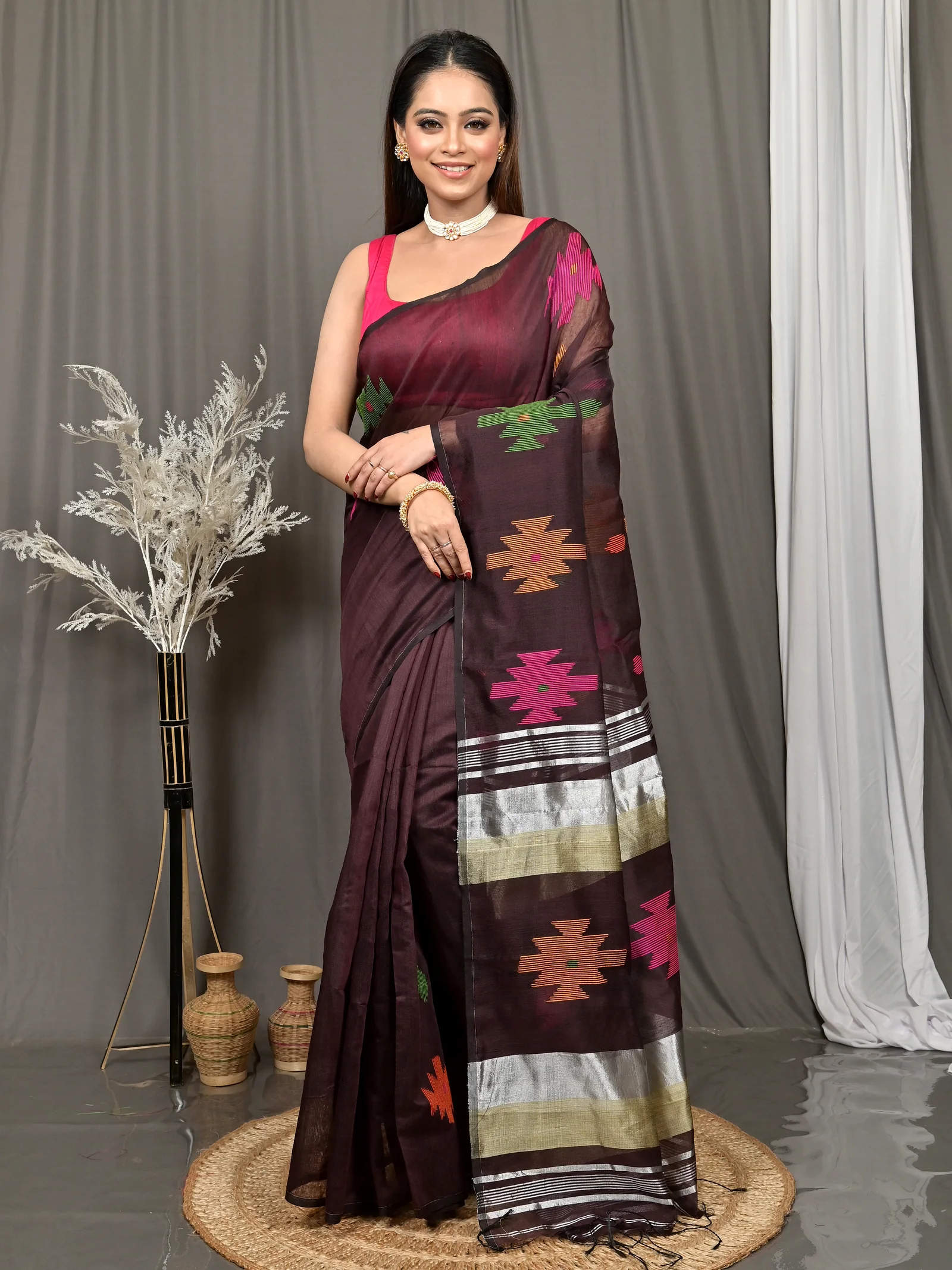 Maroon Cotton Soulik Handloom Saree  (621)