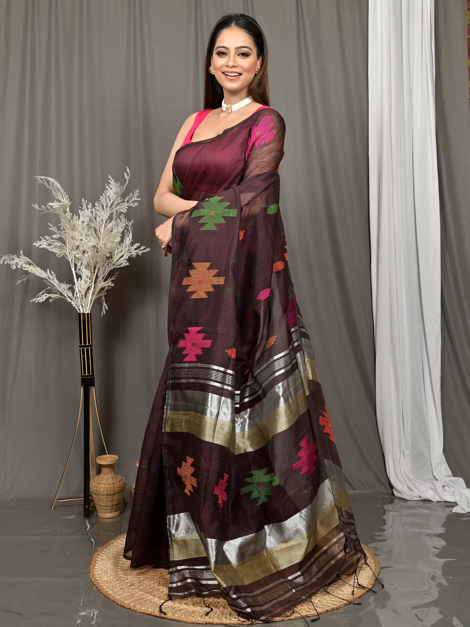 Maroon Cotton Soulik Handloom Saree  (621)