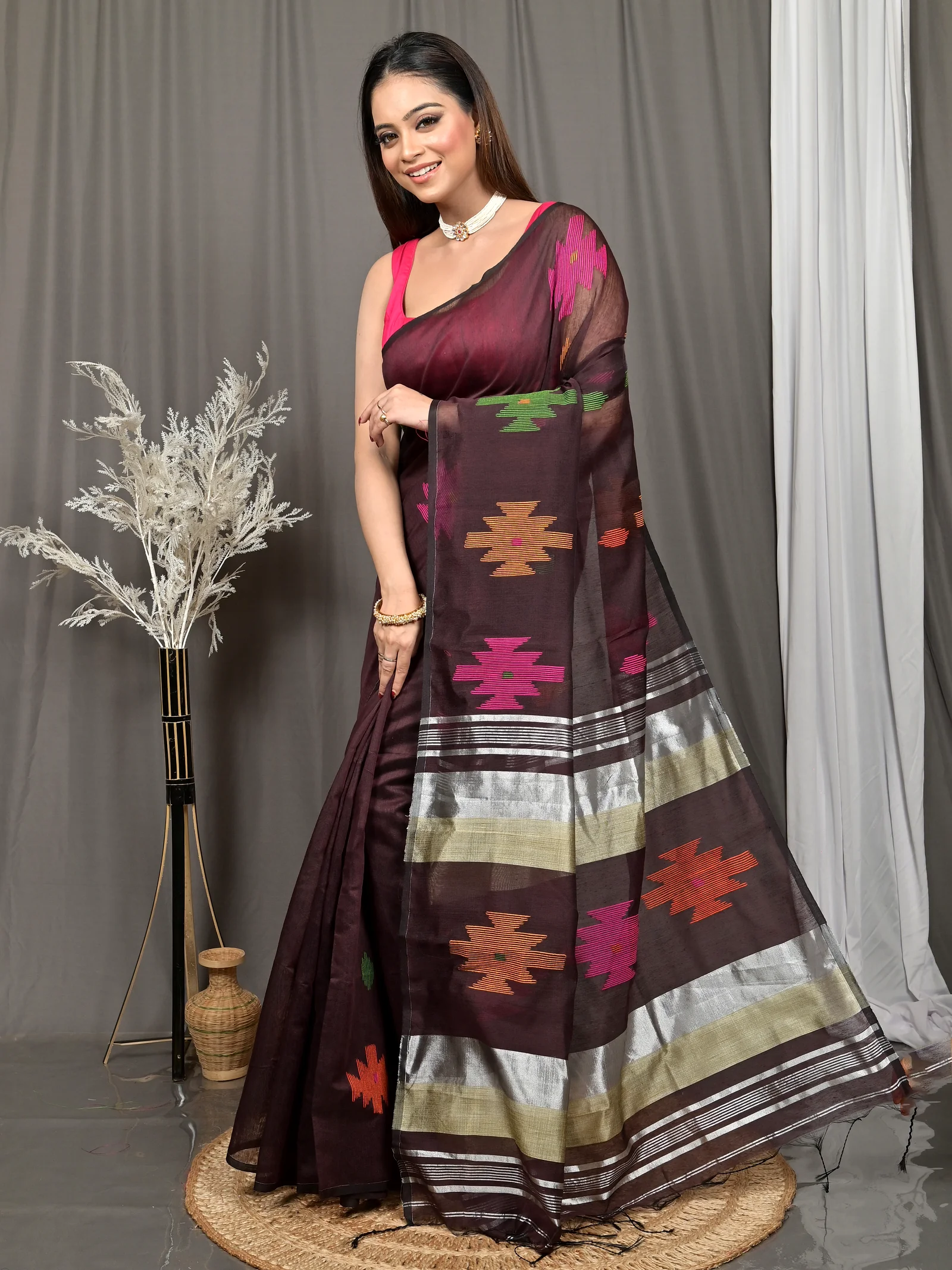 Maroon Cotton Soulik Handloom Saree  (621)