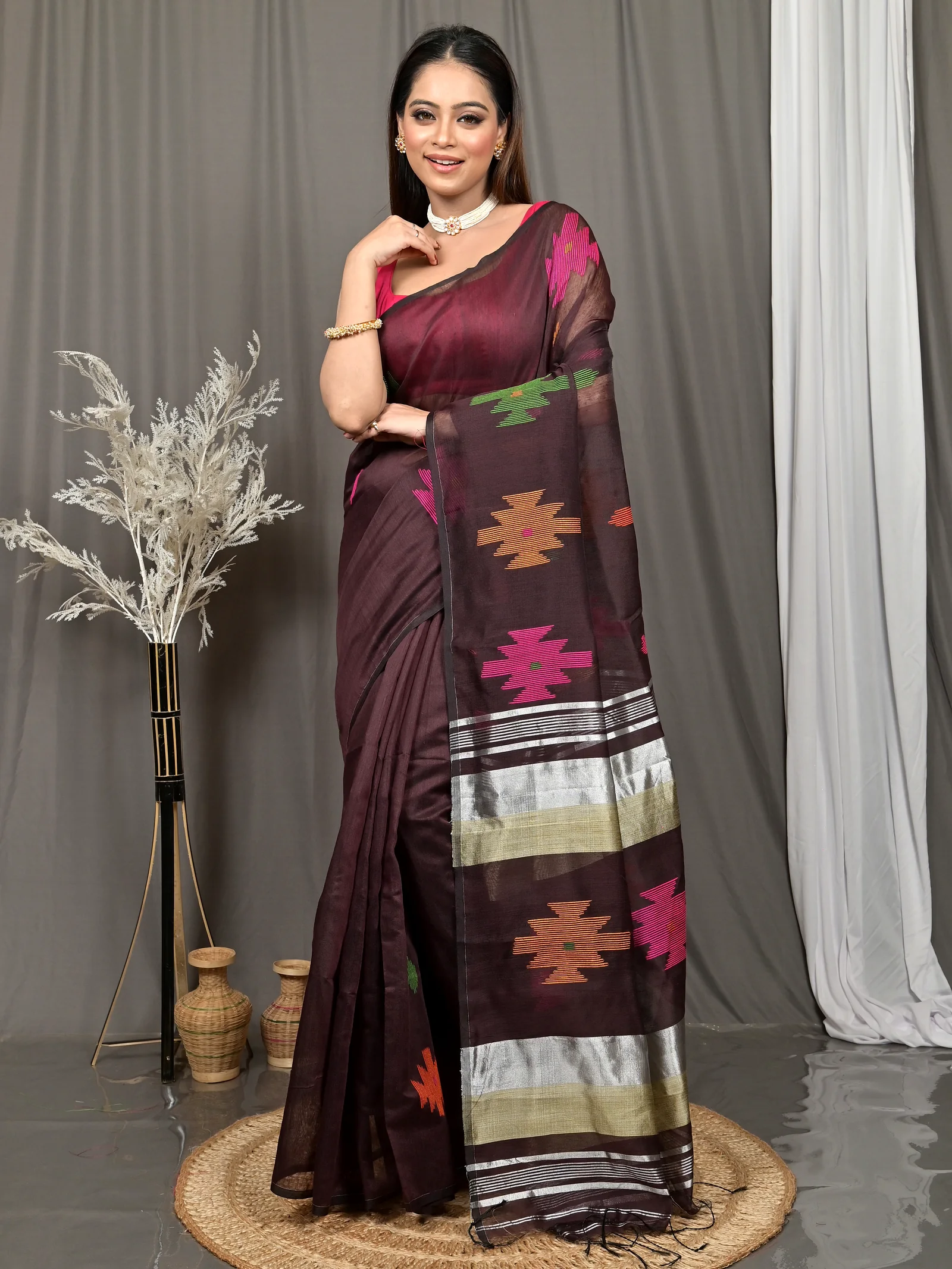 Maroon Cotton Soulik Handloom Saree  (621)
