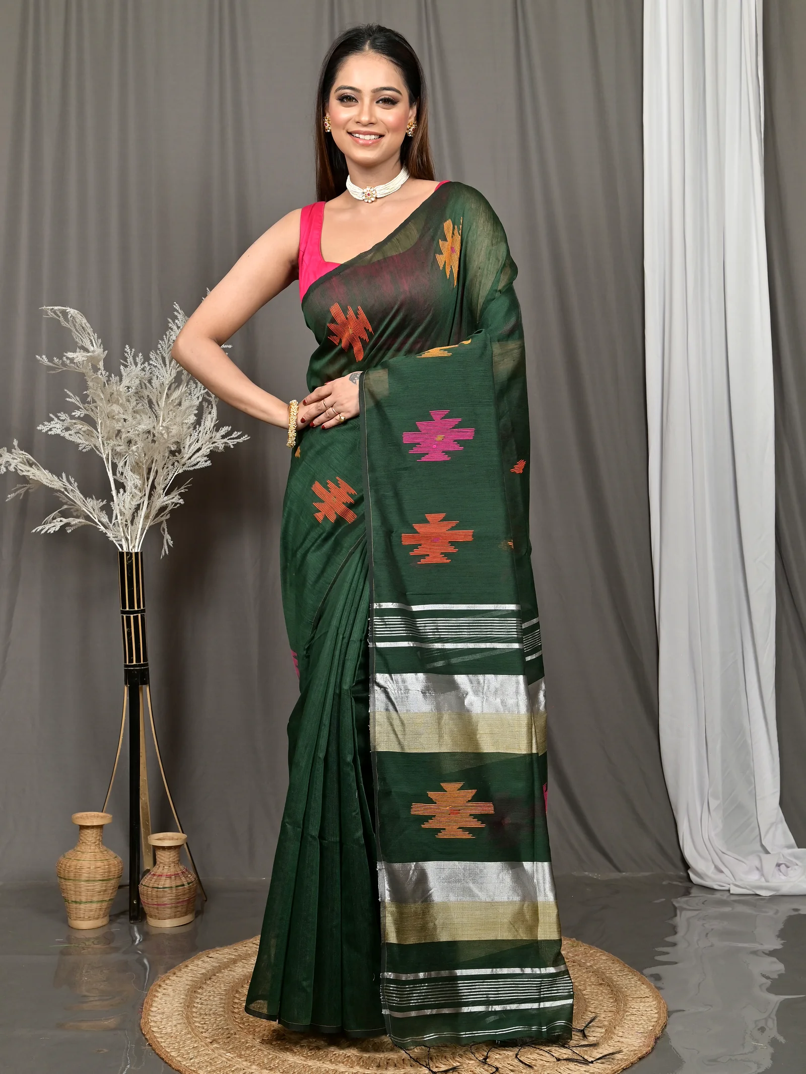 Dark Green Cotton Soulik Handloom Saree  (622)