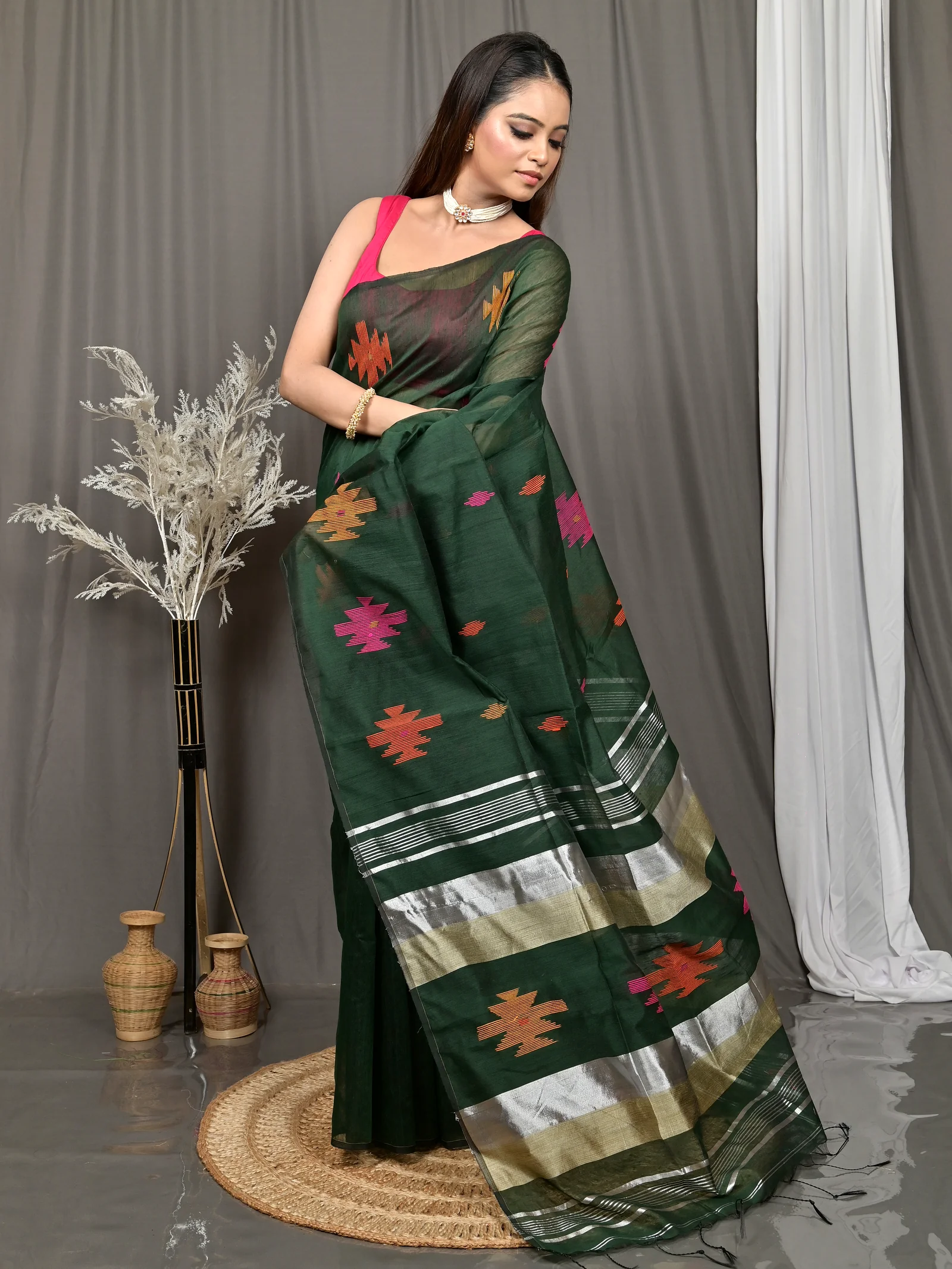 Dark Green Cotton Soulik Handloom Saree  (622)
