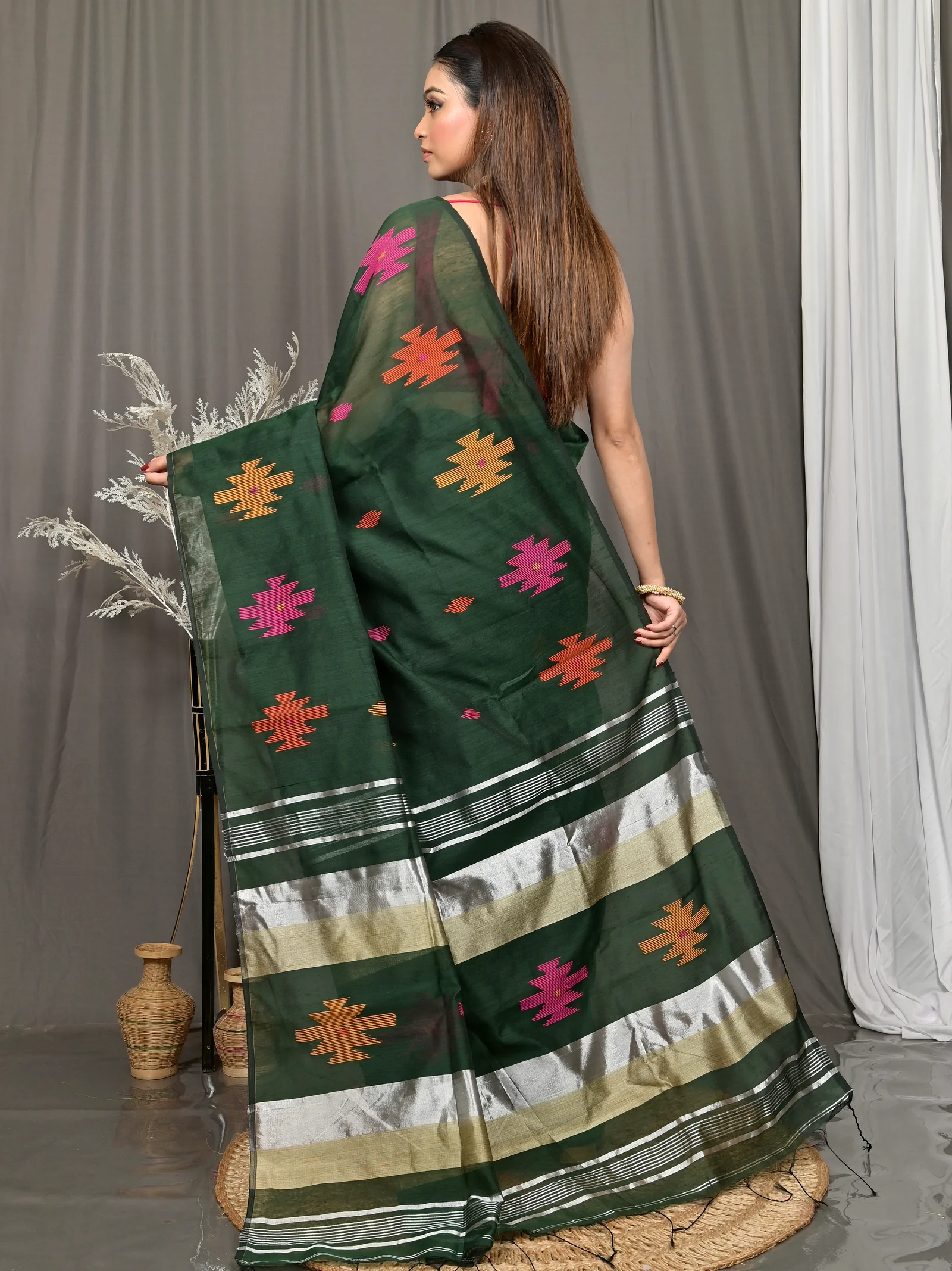 Dark Green Cotton Soulik Handloom Saree  (622)