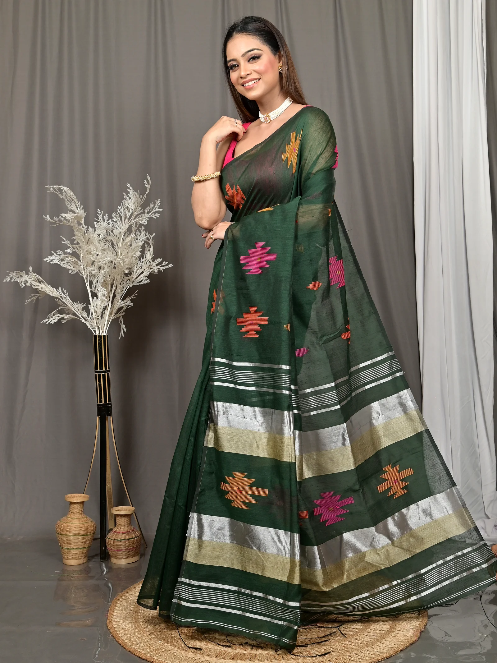 Dark Green Cotton Soulik Handloom Saree  (622)
