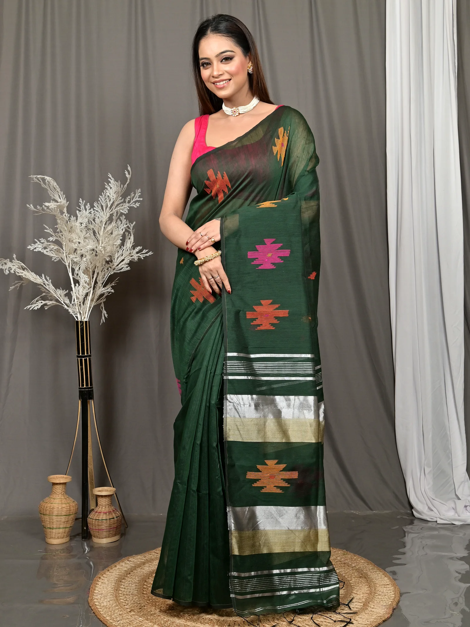 Dark Green Cotton Soulik Handloom Saree  (622)