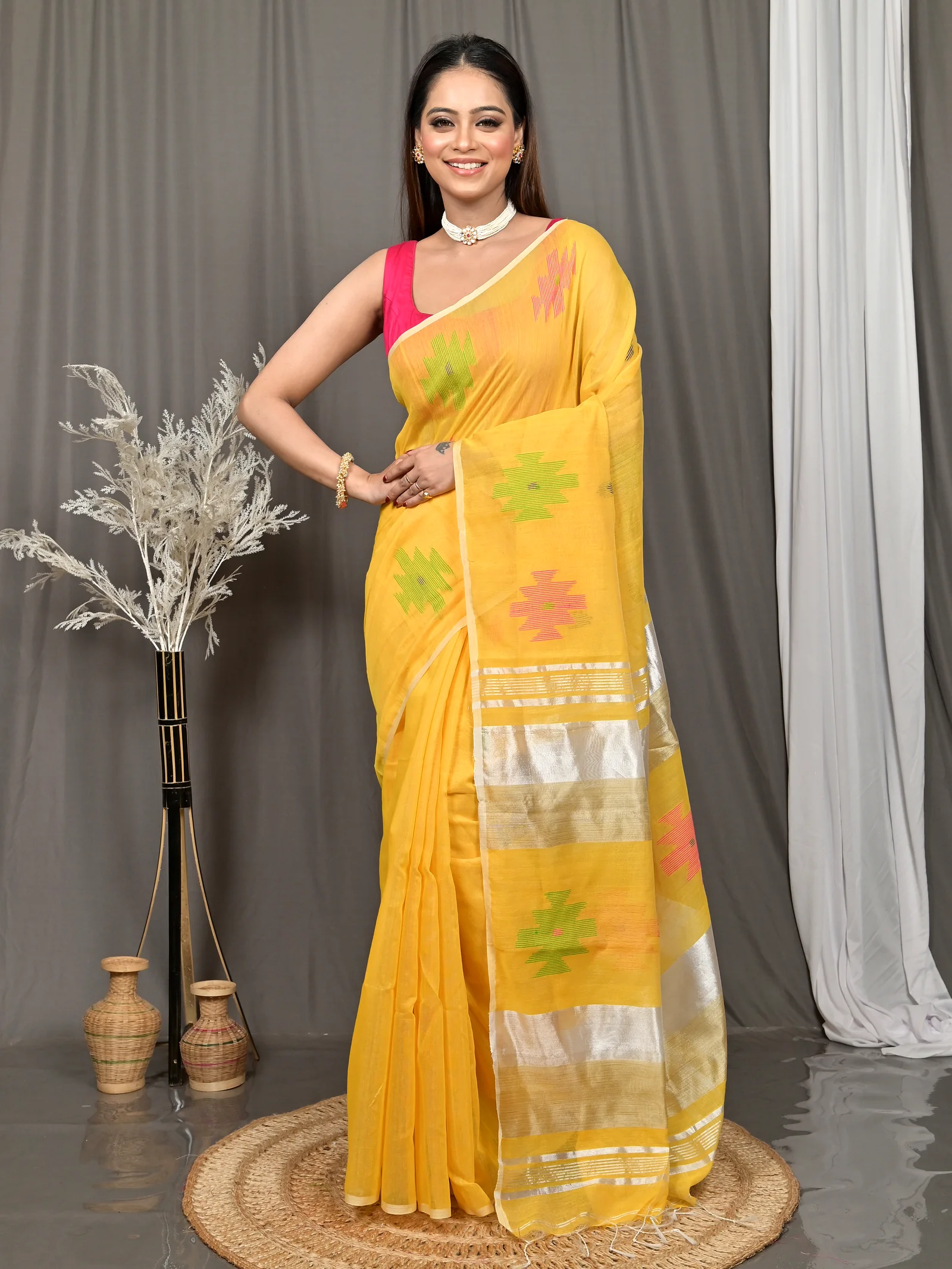 Yellow Cotton Soulik Handloom Saree  (623)