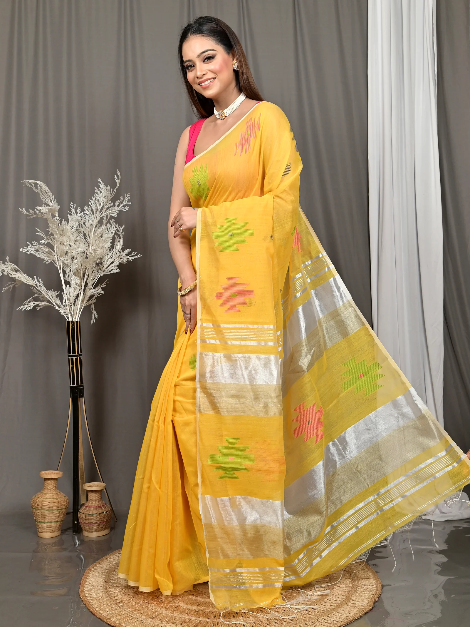 Yellow Cotton Soulik Handloom Saree  (623)