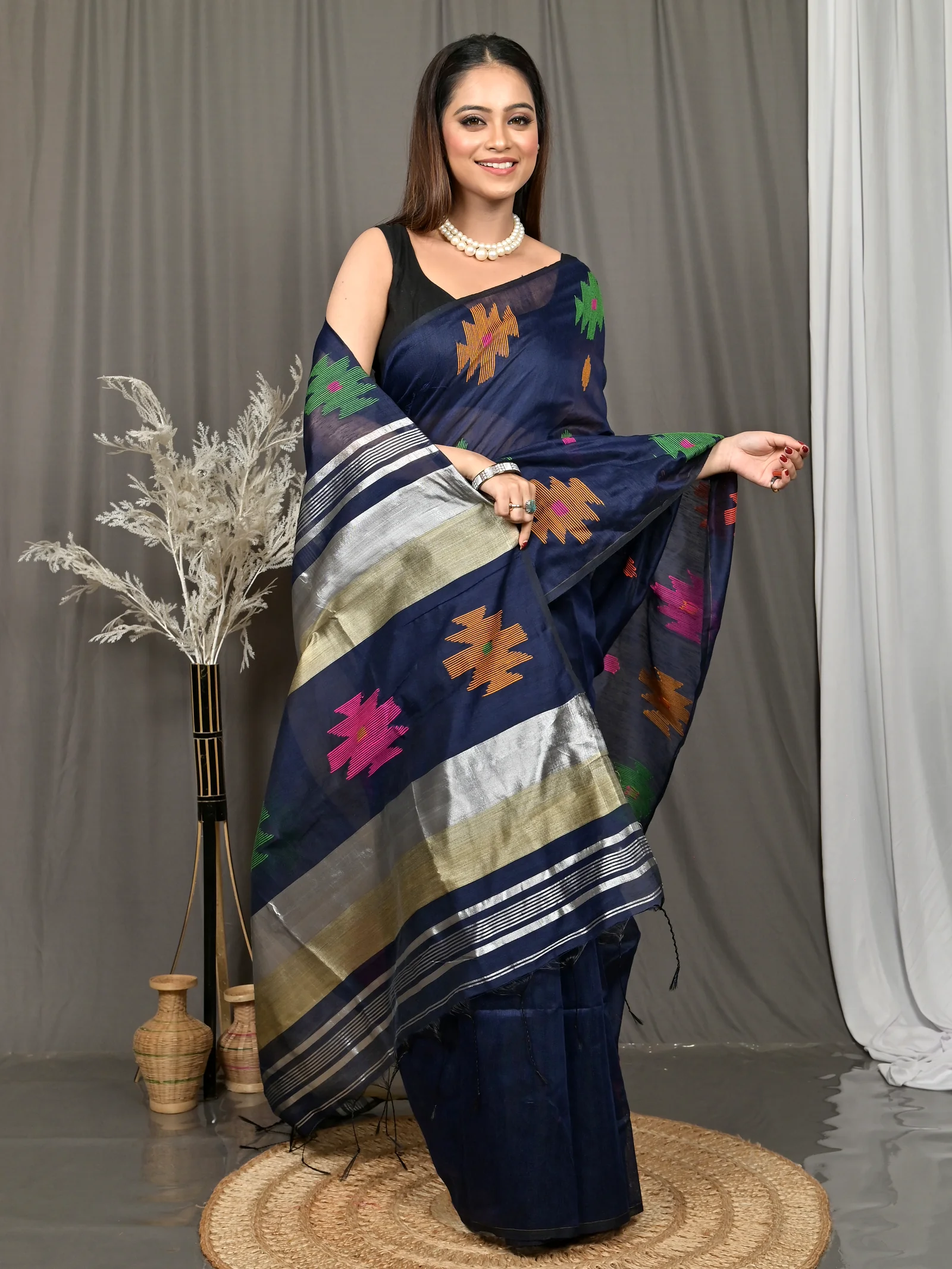Night Blue Cotton Soulik Handloom Saree  (626)