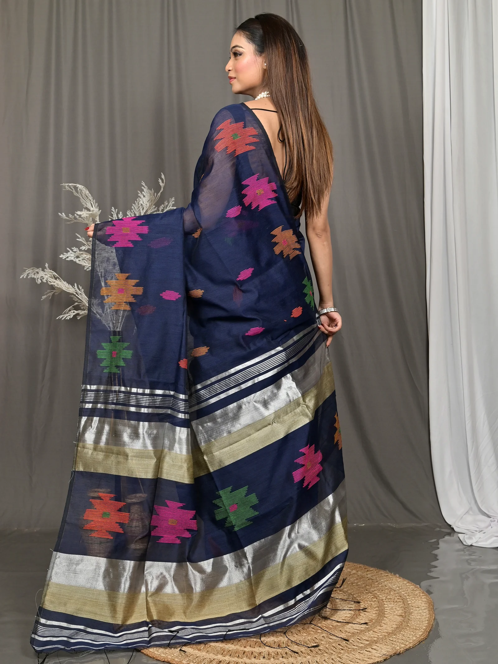 Night Blue Cotton Soulik Handloom Saree  (626)