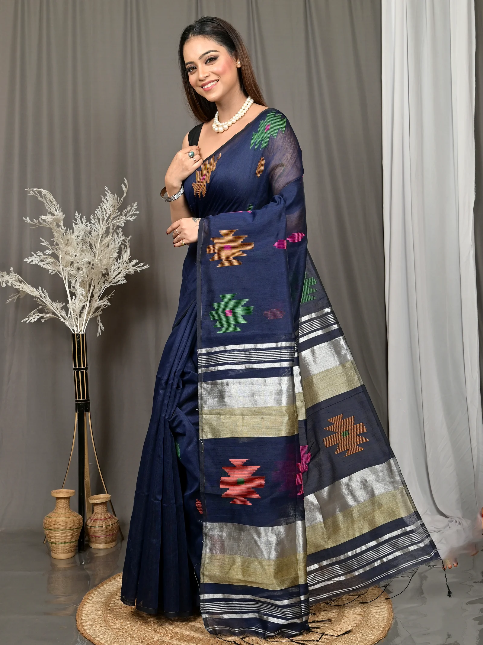 Night Blue Cotton Soulik Handloom Saree  (626)