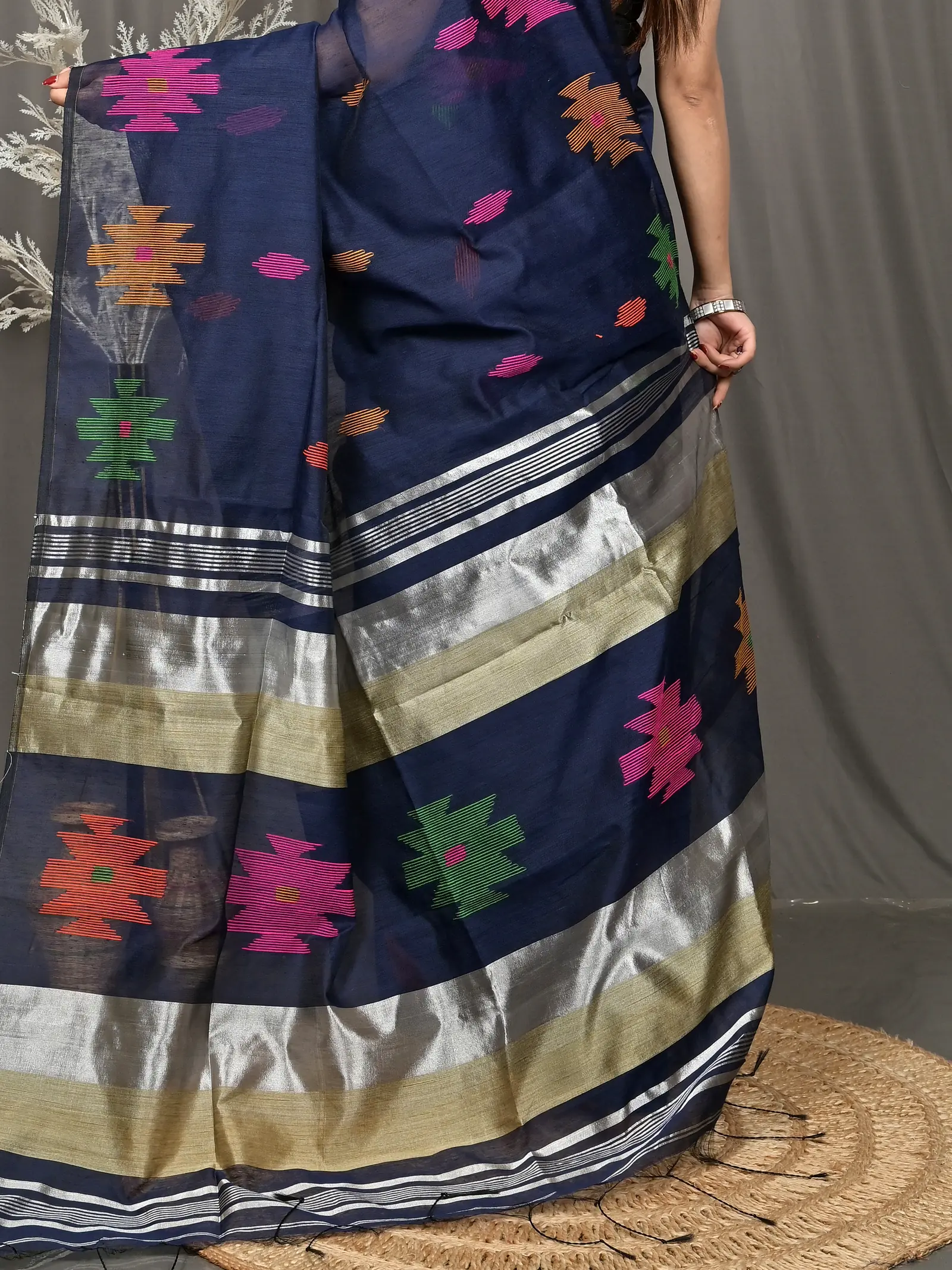 Night Blue Cotton Soulik Handloom Saree  (626)