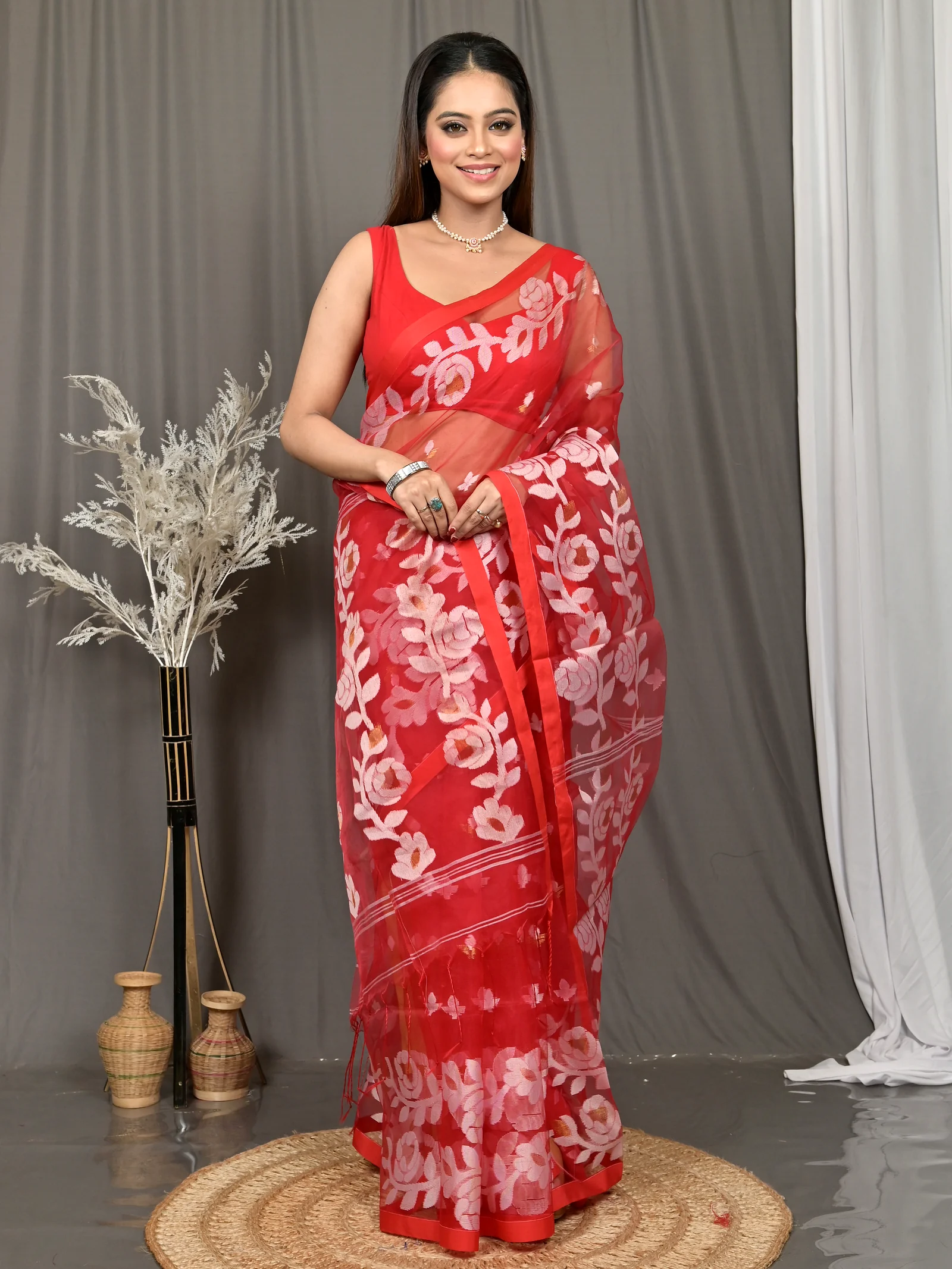 Red Cotton Soulan Muslin saree  (627)