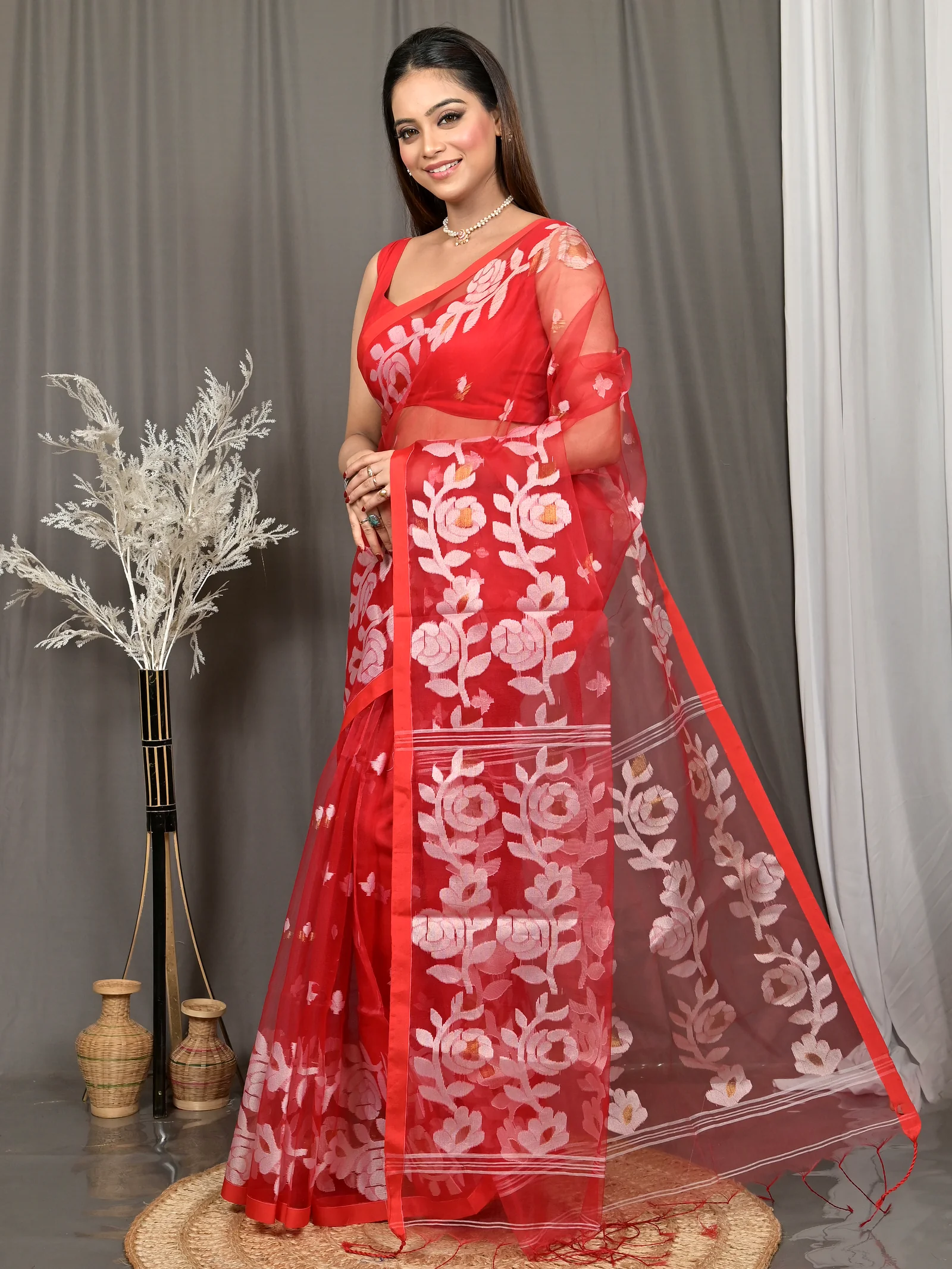 Red Cotton Soulan Muslin saree  (627)