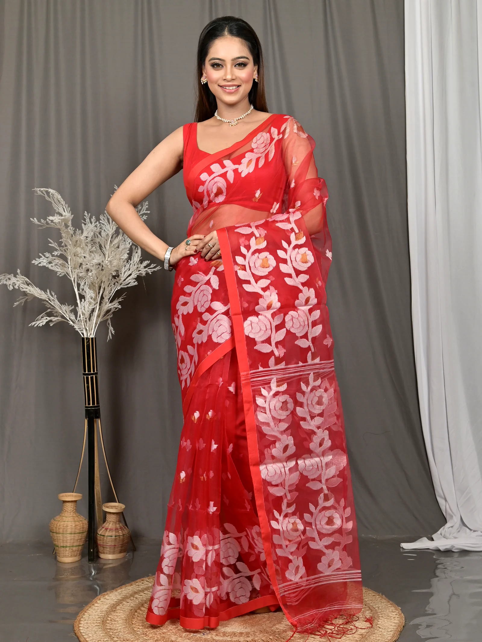 Red Cotton Soulan Muslin saree  (627)