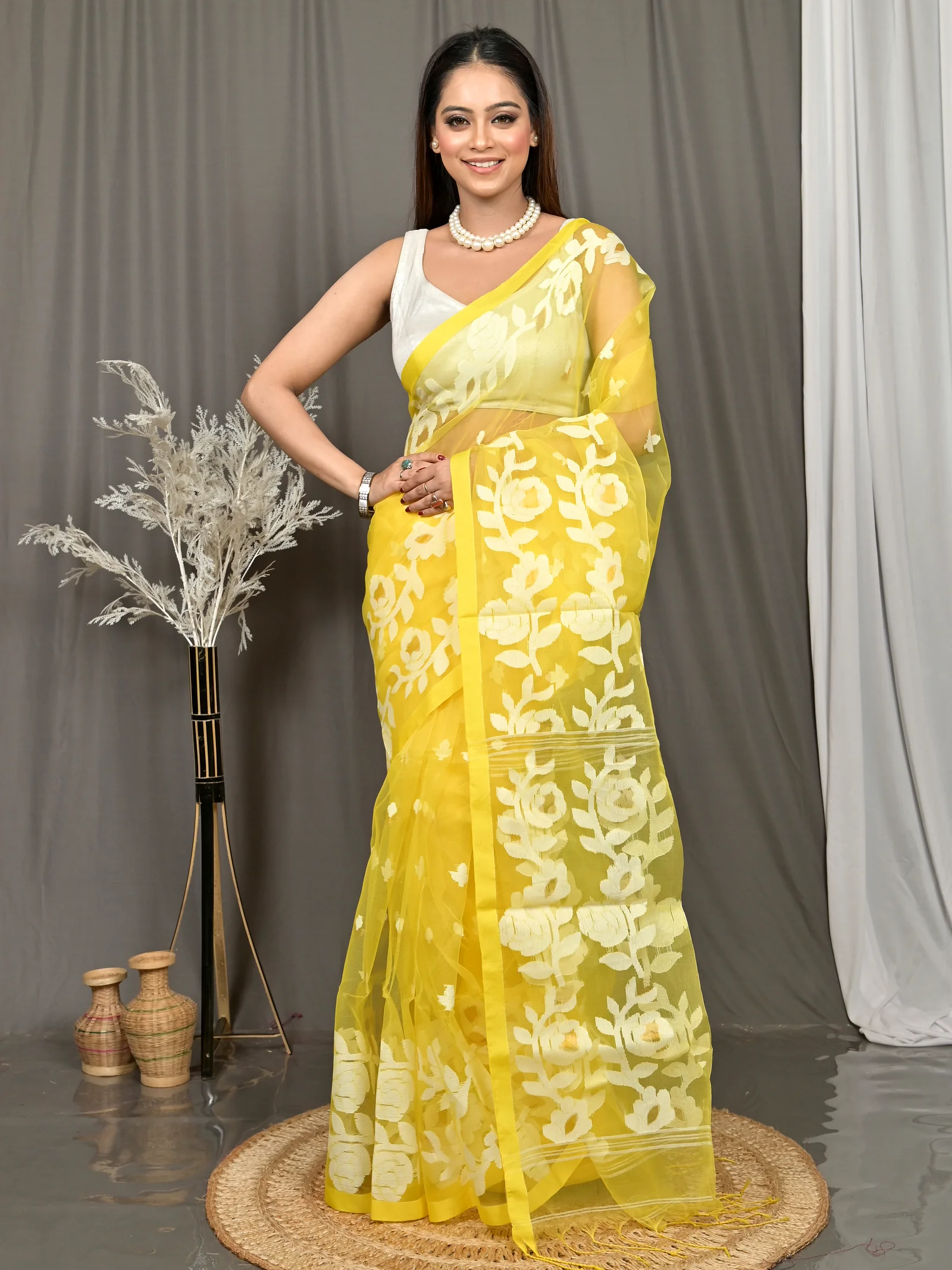 Yellow Cotton Soulan Muslin saree  (628)