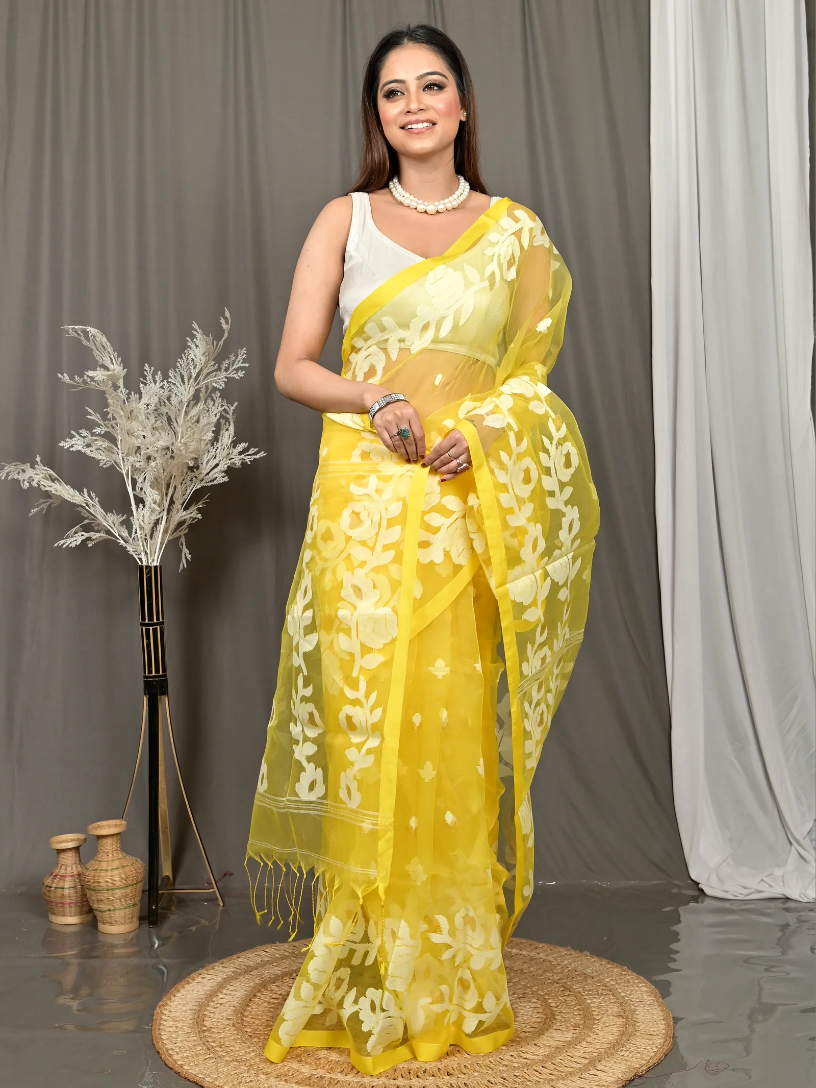 Yellow Cotton Soulan Muslin saree  (628)