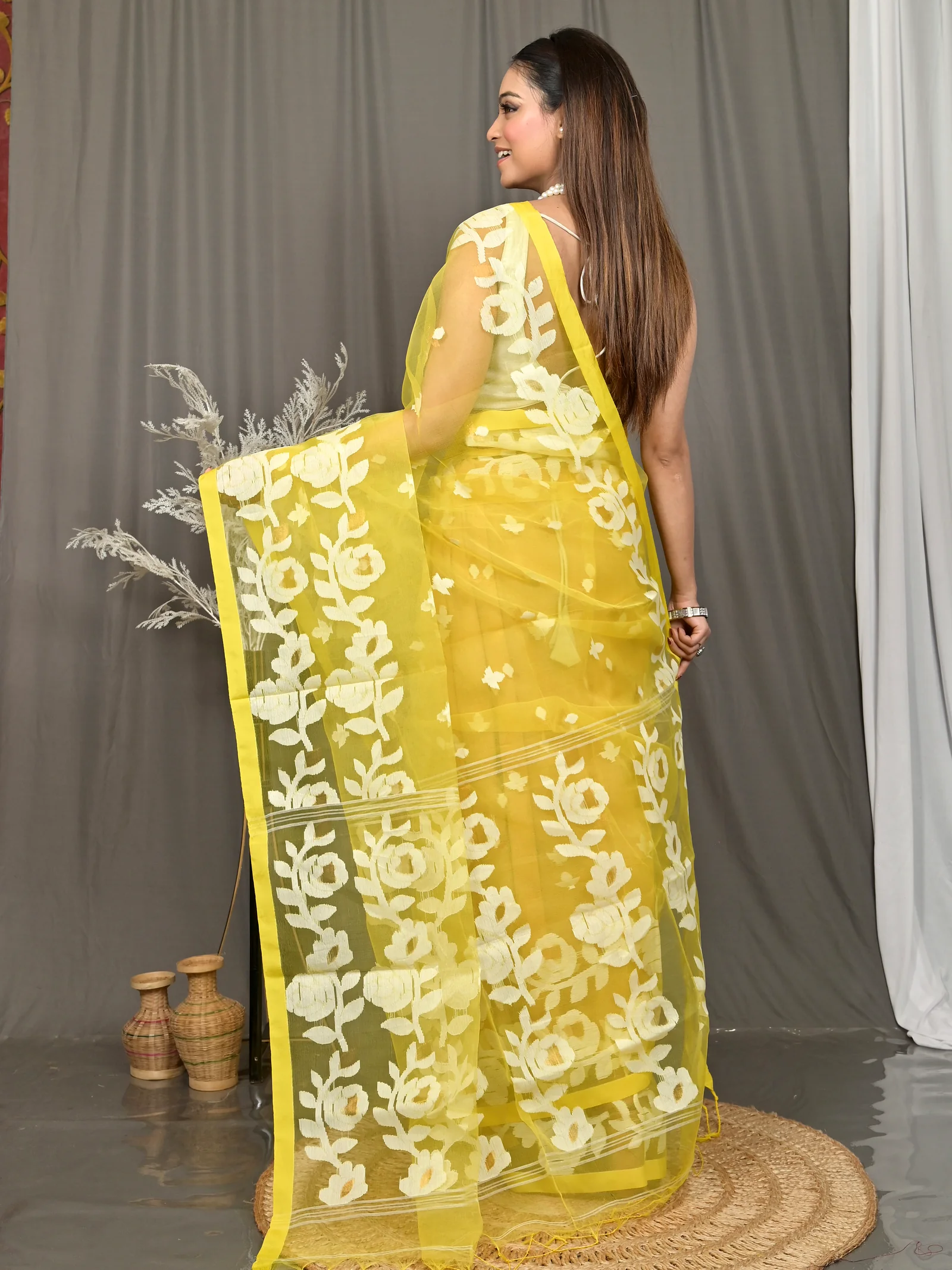 Yellow Cotton Soulan Muslin saree  (628)