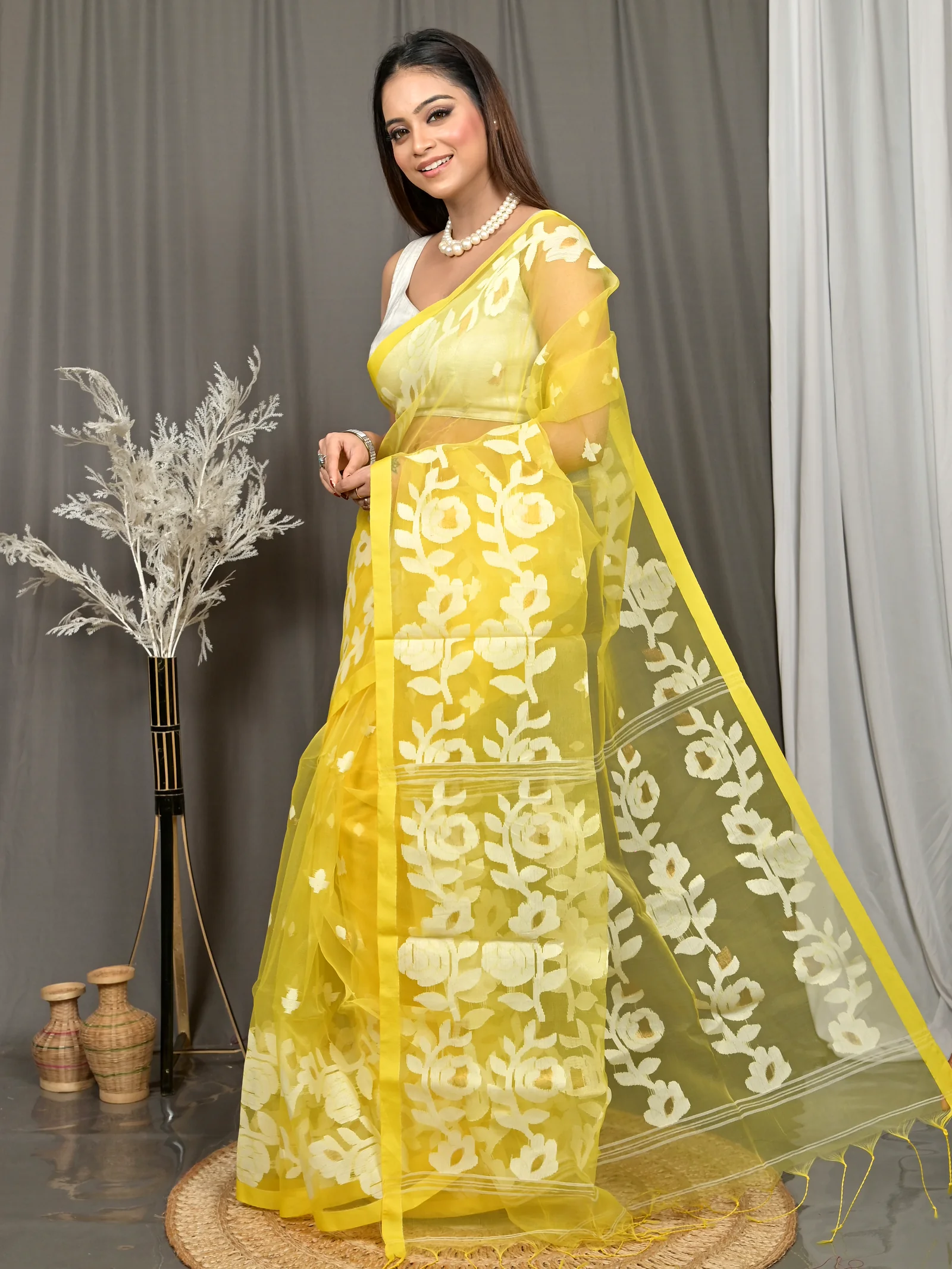 Yellow Cotton Soulan Muslin saree  (628)