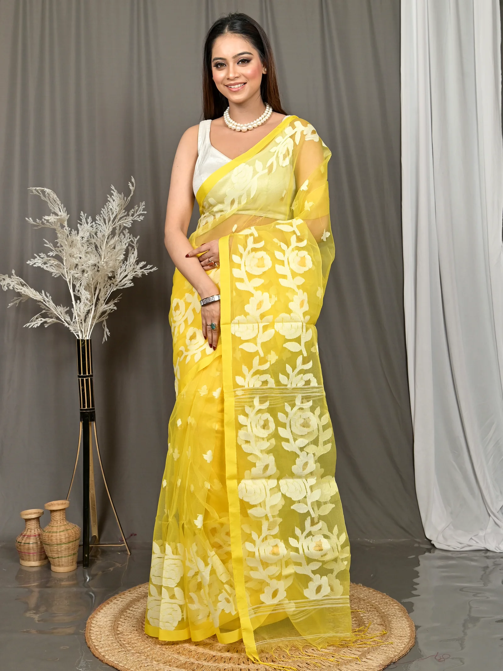 Yellow Cotton Soulan Muslin saree  (628)