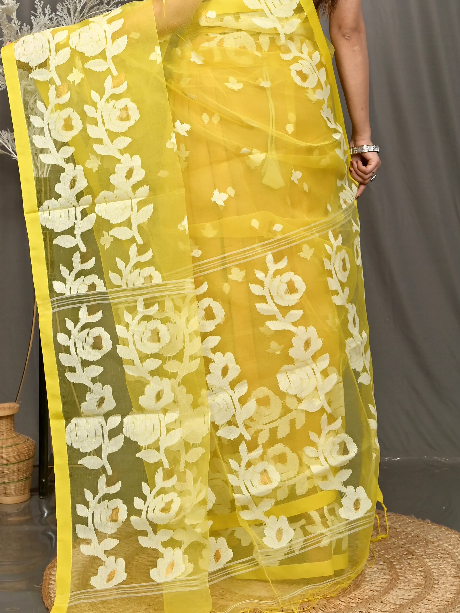 Yellow Cotton Soulan Muslin saree  (628)