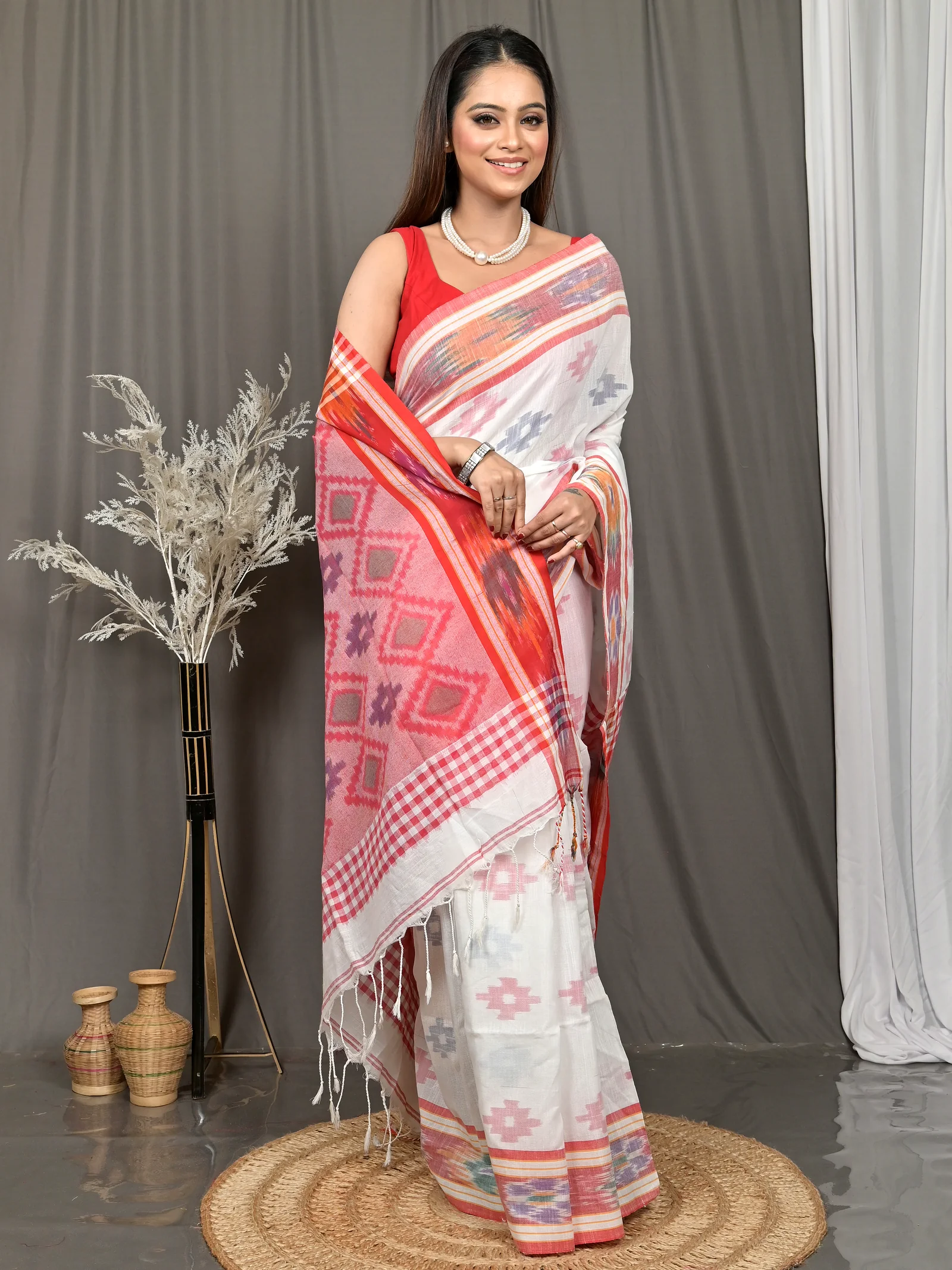 White Red Cotton Soukor Kotki Saree  (629)