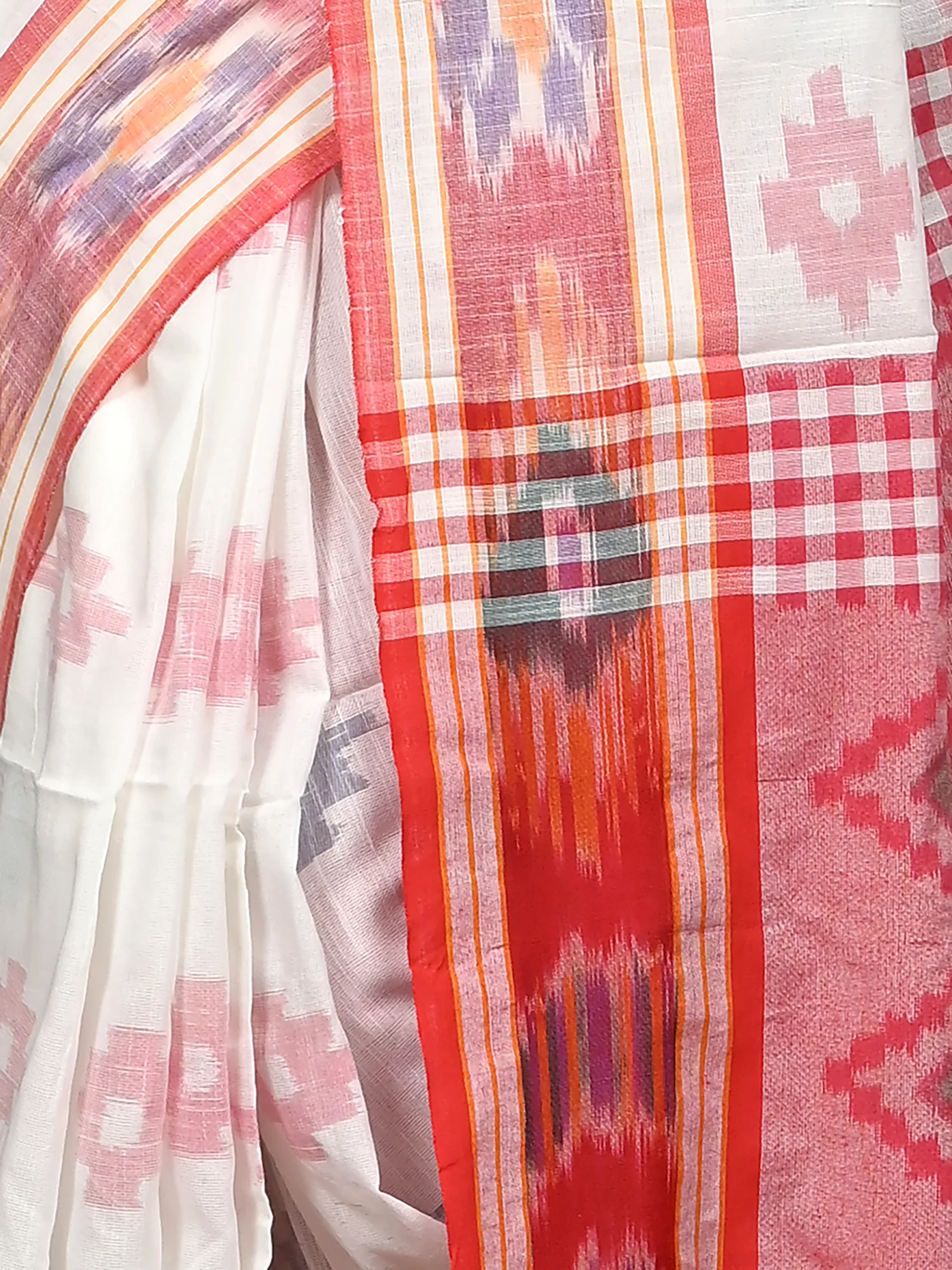 White Red Cotton Soukor Kotki Saree  (629)