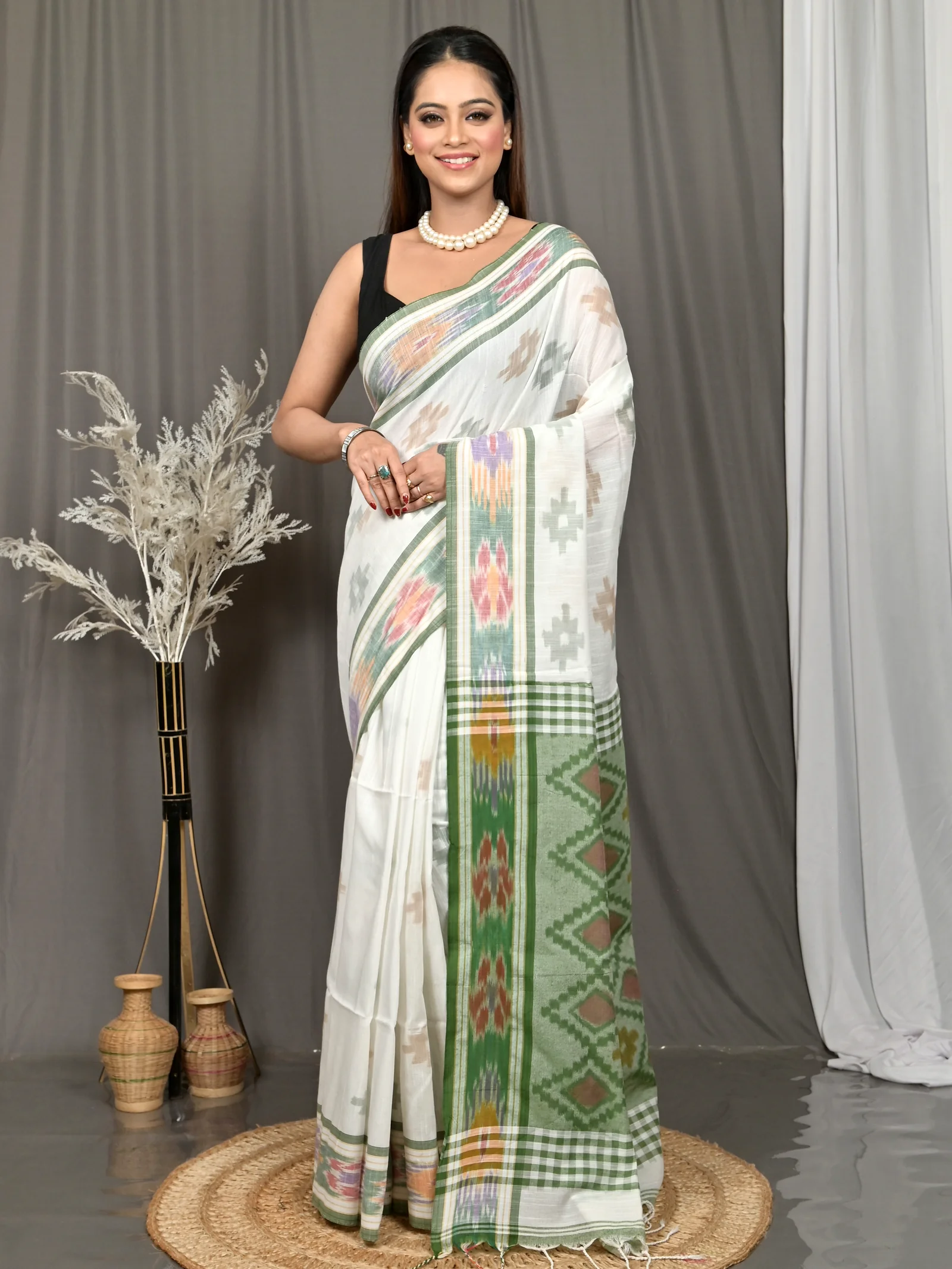 White Green Cotton Soukor Kotki Saree  (630)