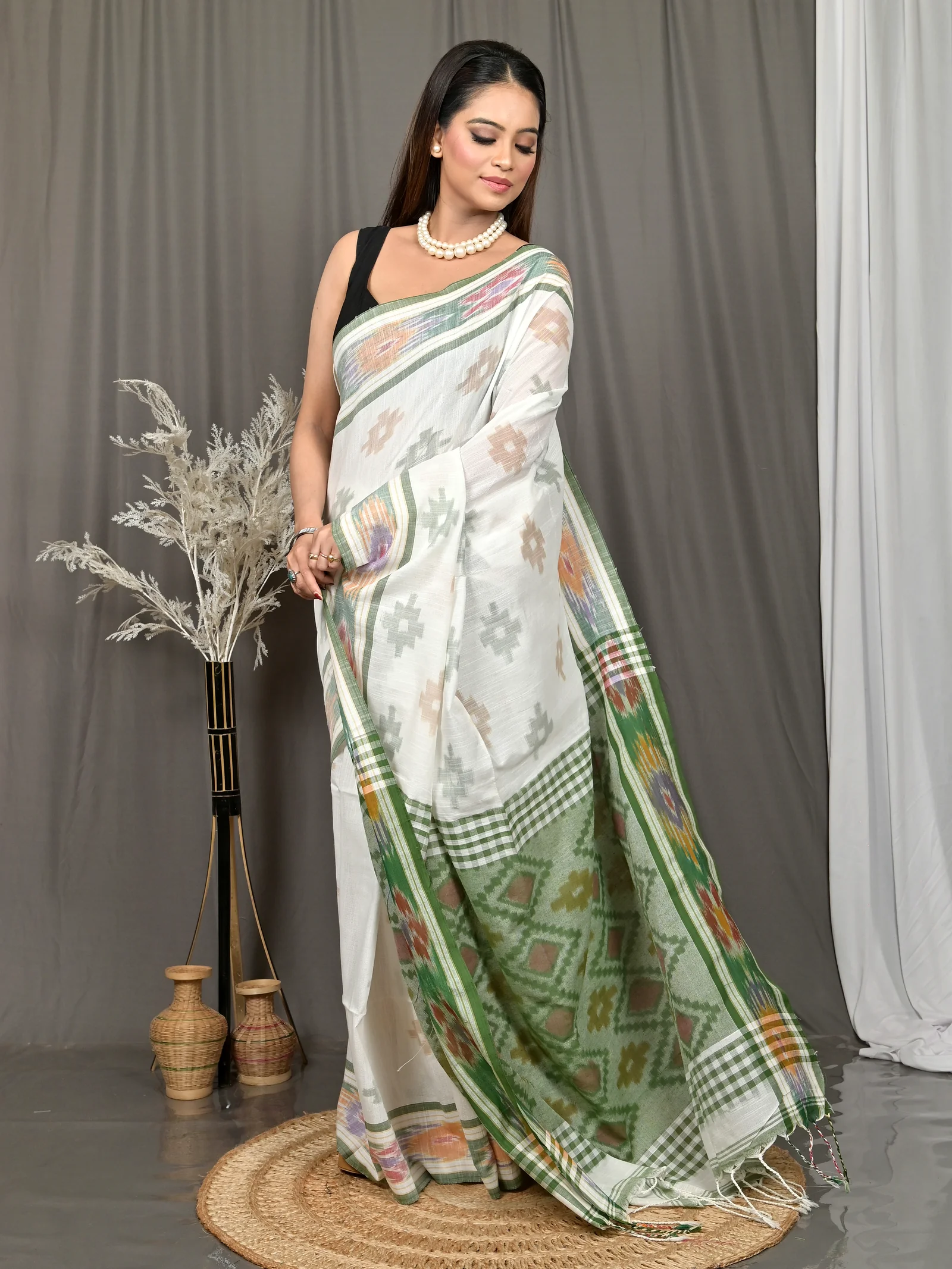 White Green Cotton Soukor Kotki Saree  (630)