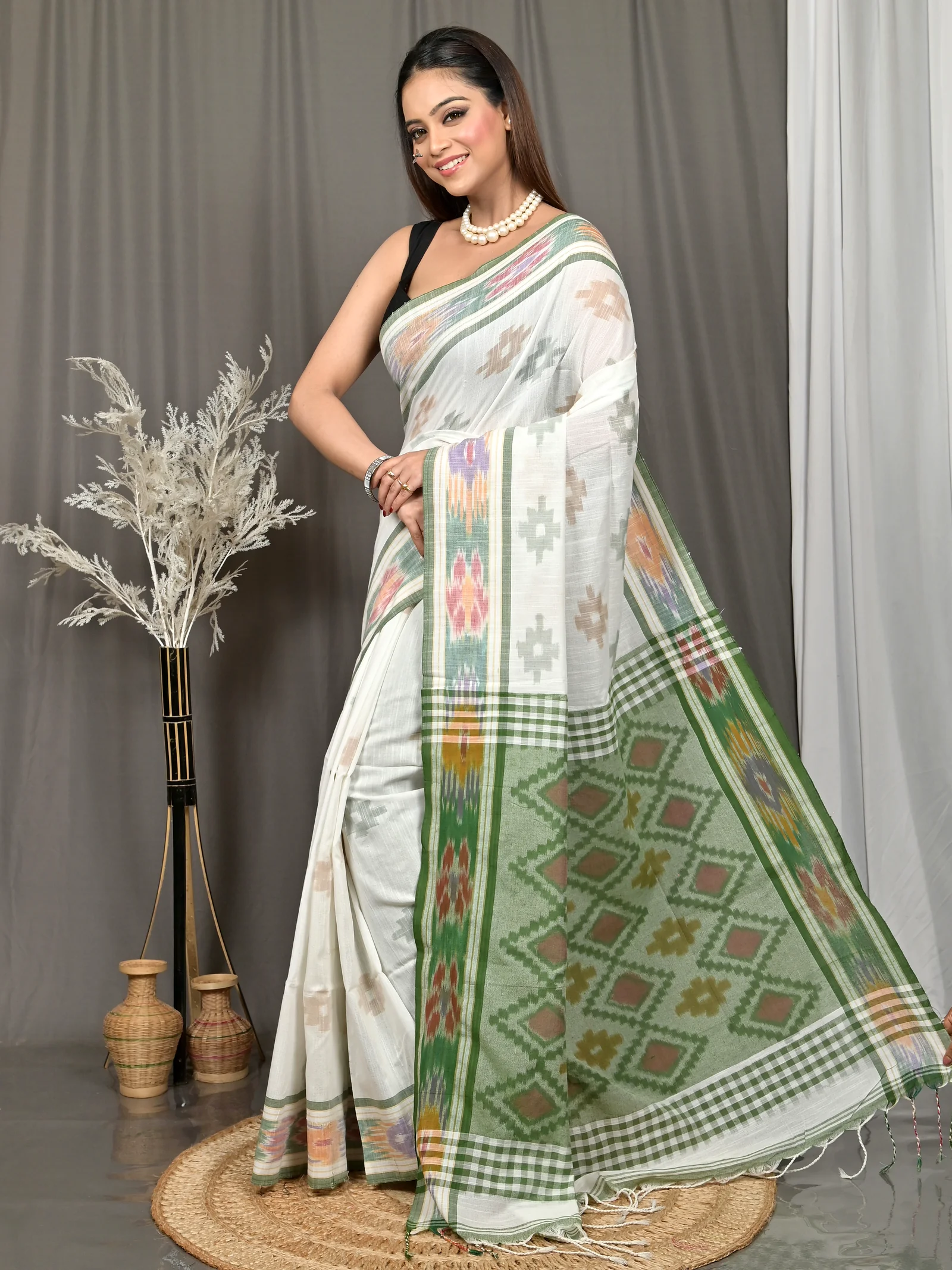 White Green Cotton Soukor Kotki Saree  (630)