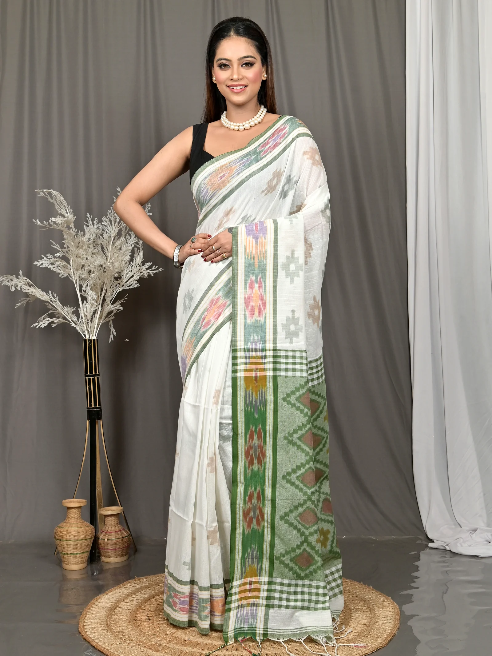 White Green Cotton Soukor Kotki Saree  (630)