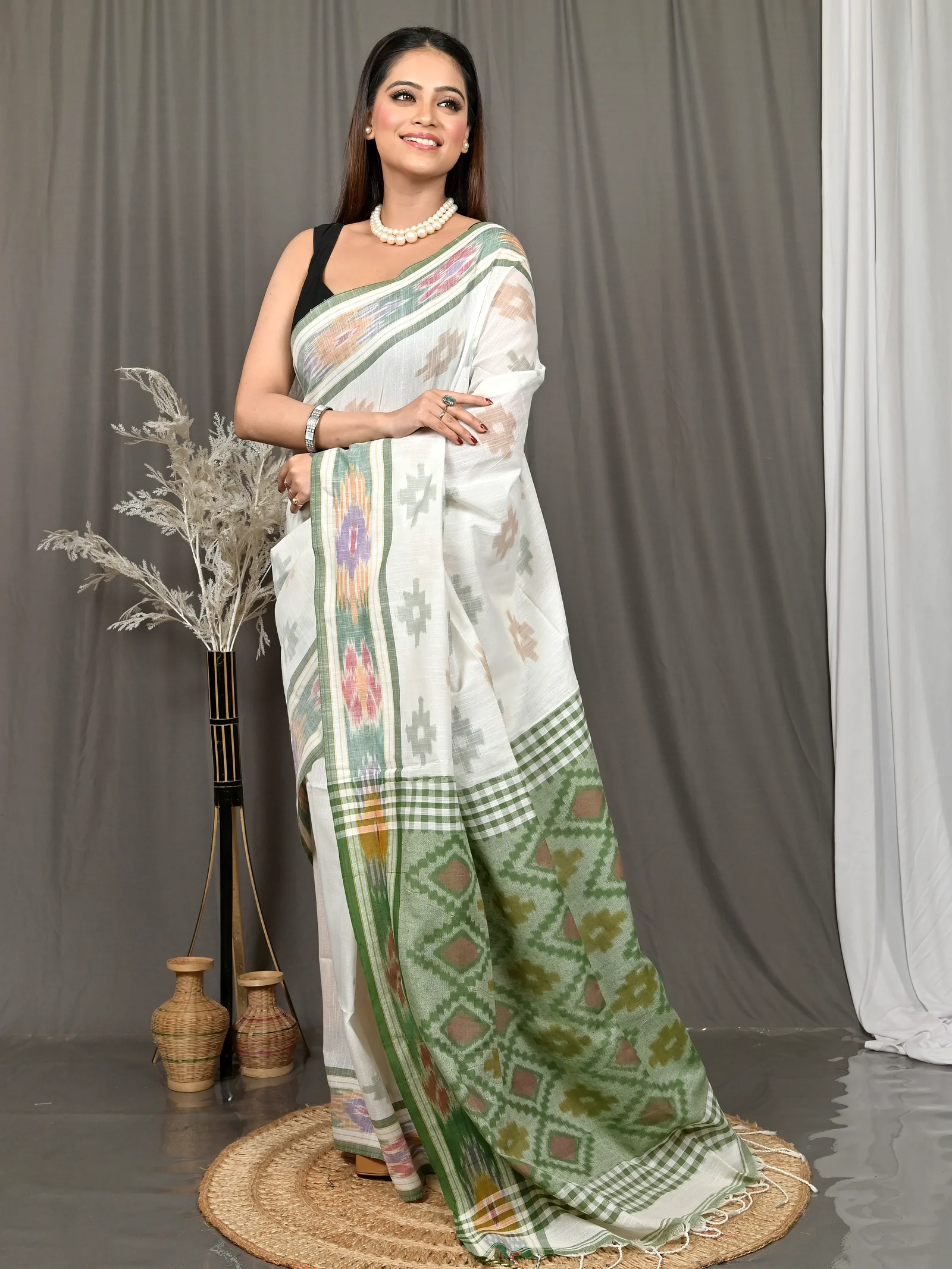 White Green Cotton Soukor Kotki Saree  (630)