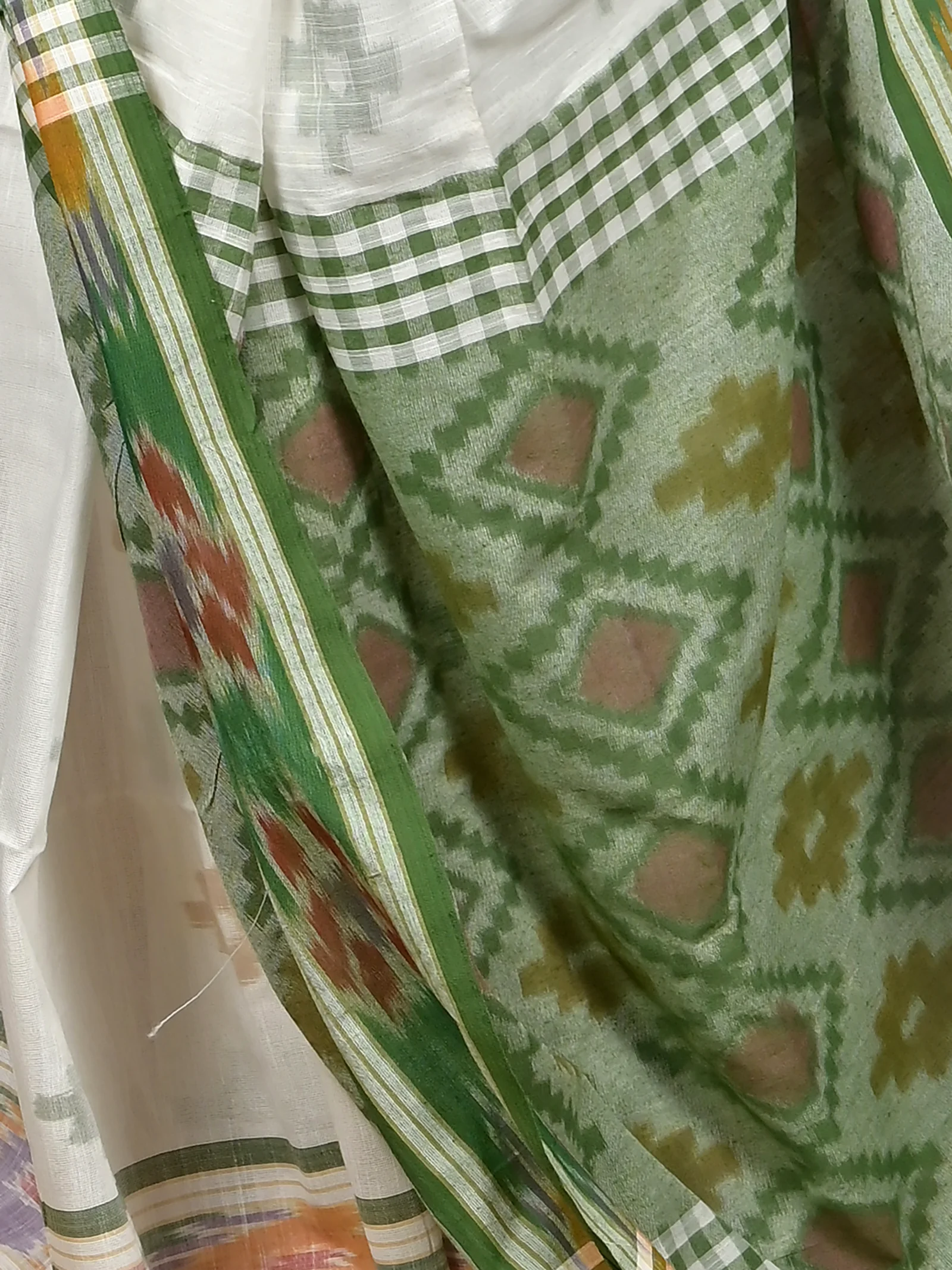 White Green Cotton Soukor Kotki Saree  (630)