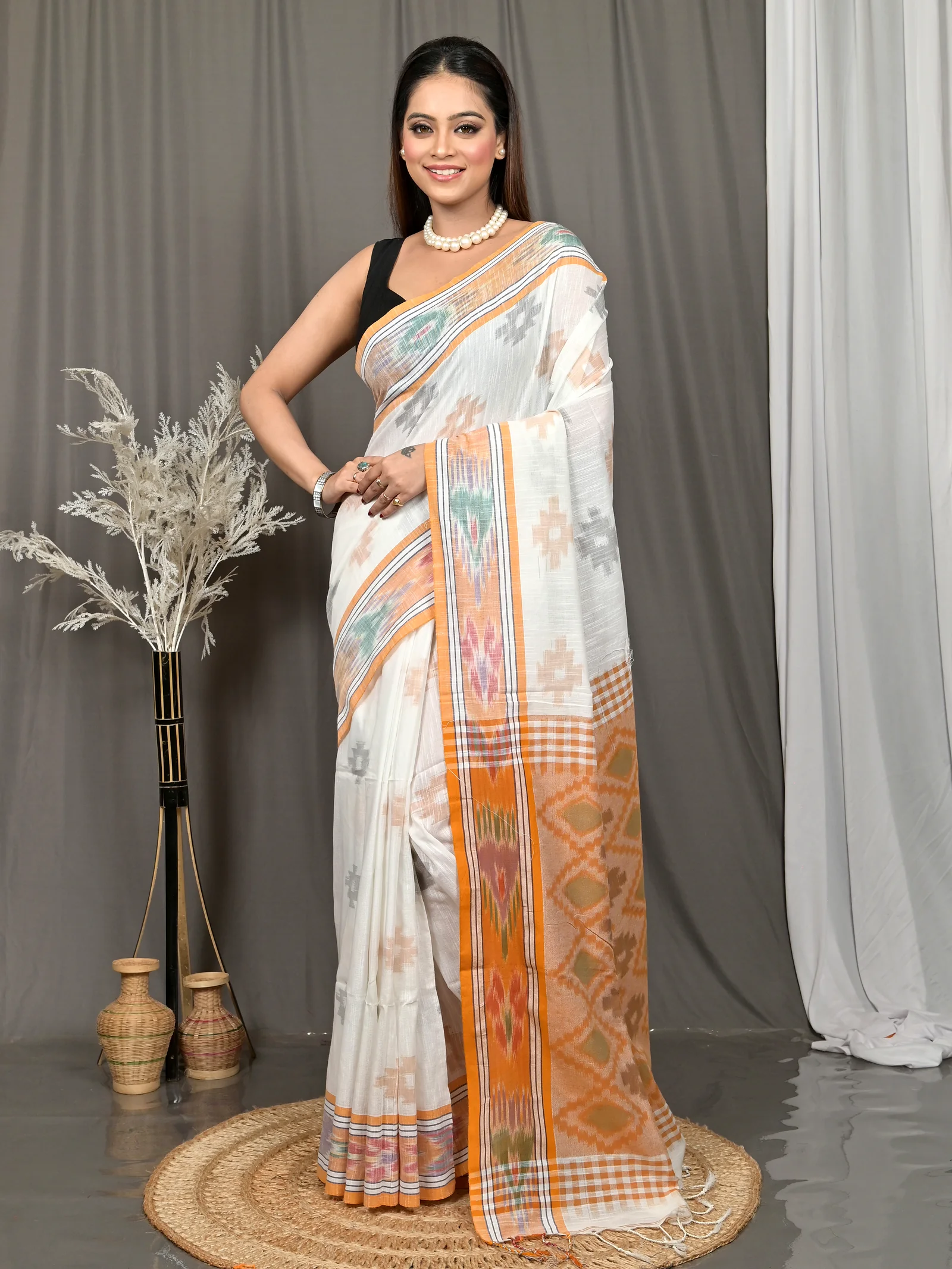White Orange Cotton Soukor Kotki Saree  (631)