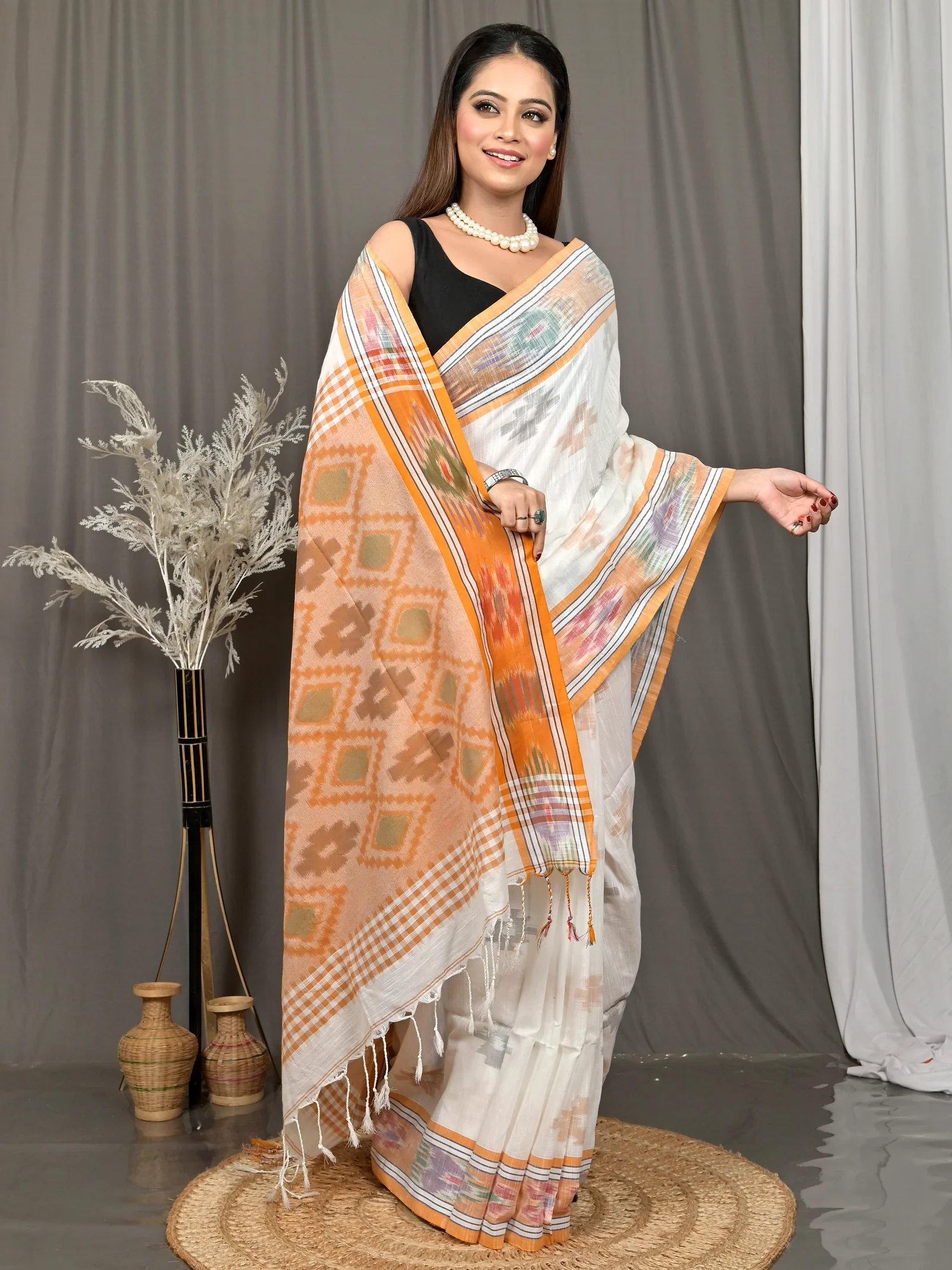 White Orange Cotton Soukor Kotki Saree  (631)